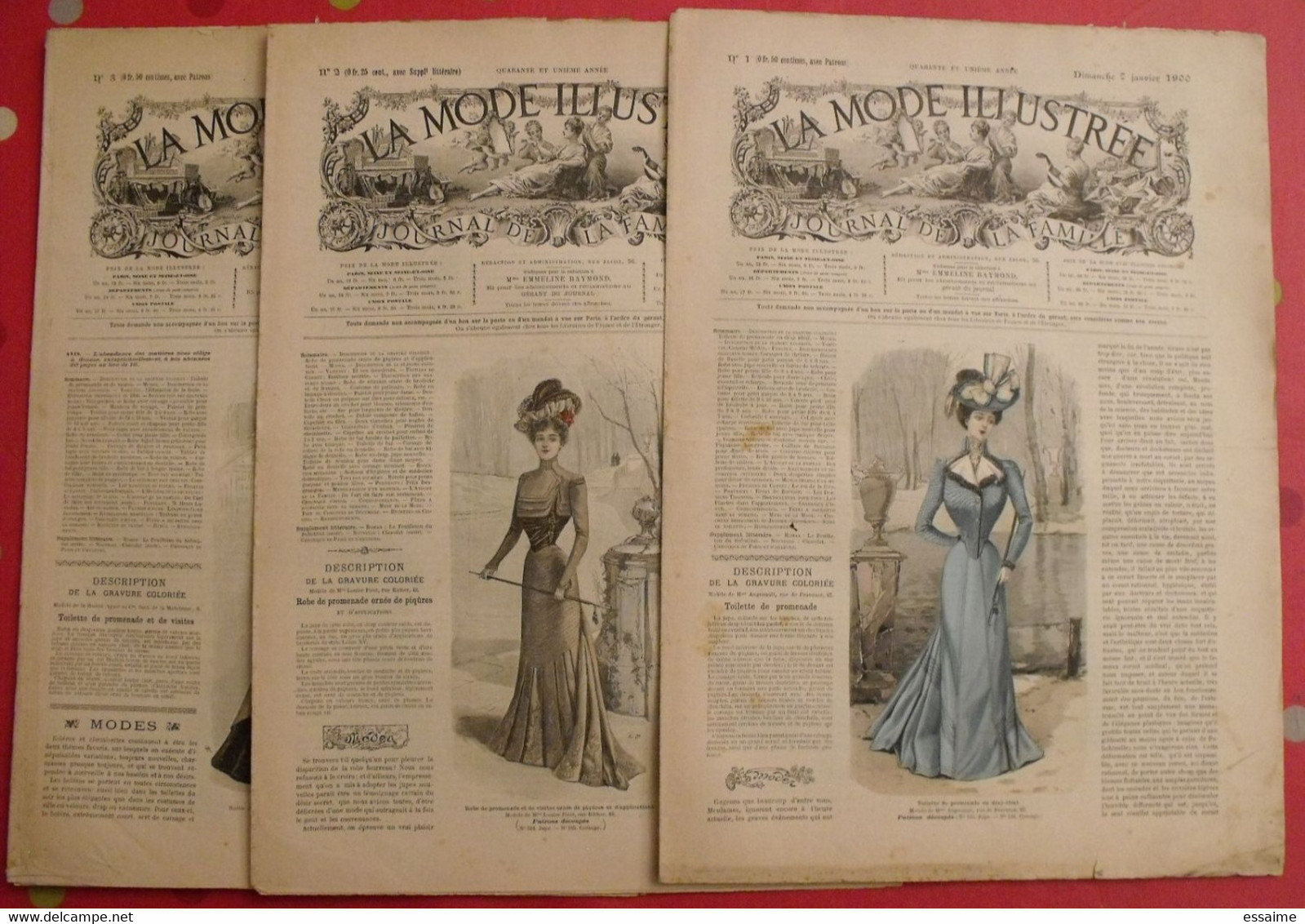 3 revues la mode illustrée, journal de la famille.  n° 1,2,3 de 1900. couverture en couleur. jolies gravures
