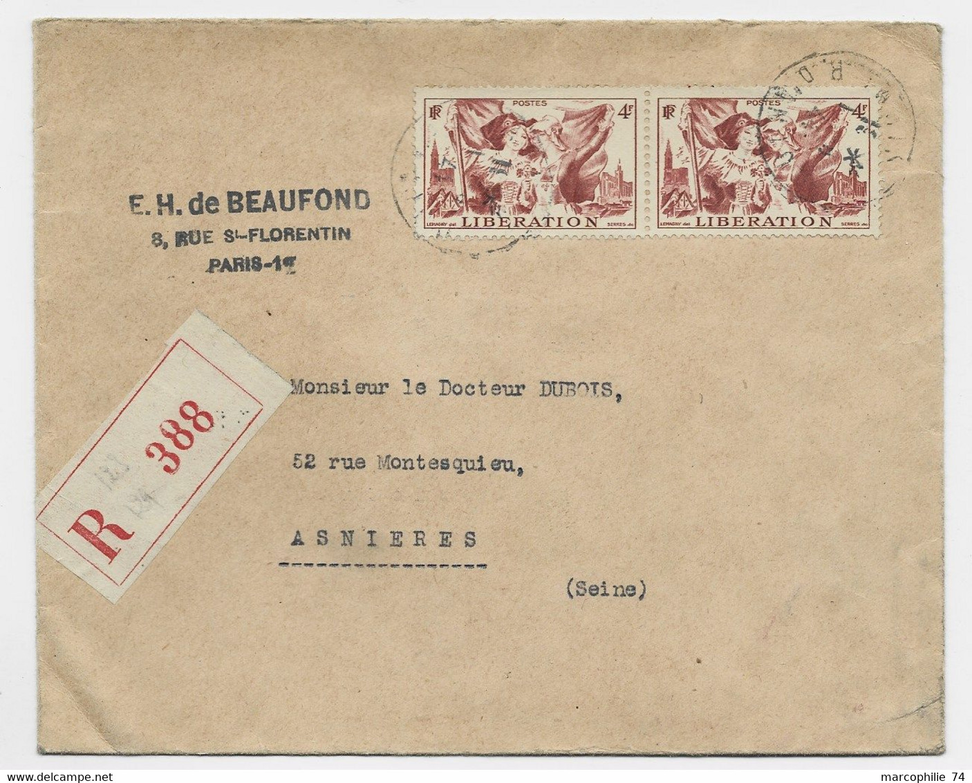 N° 739 PAIRE LETTRE REC 1945 AU TARIF - 1921-1960: Periodo Moderno