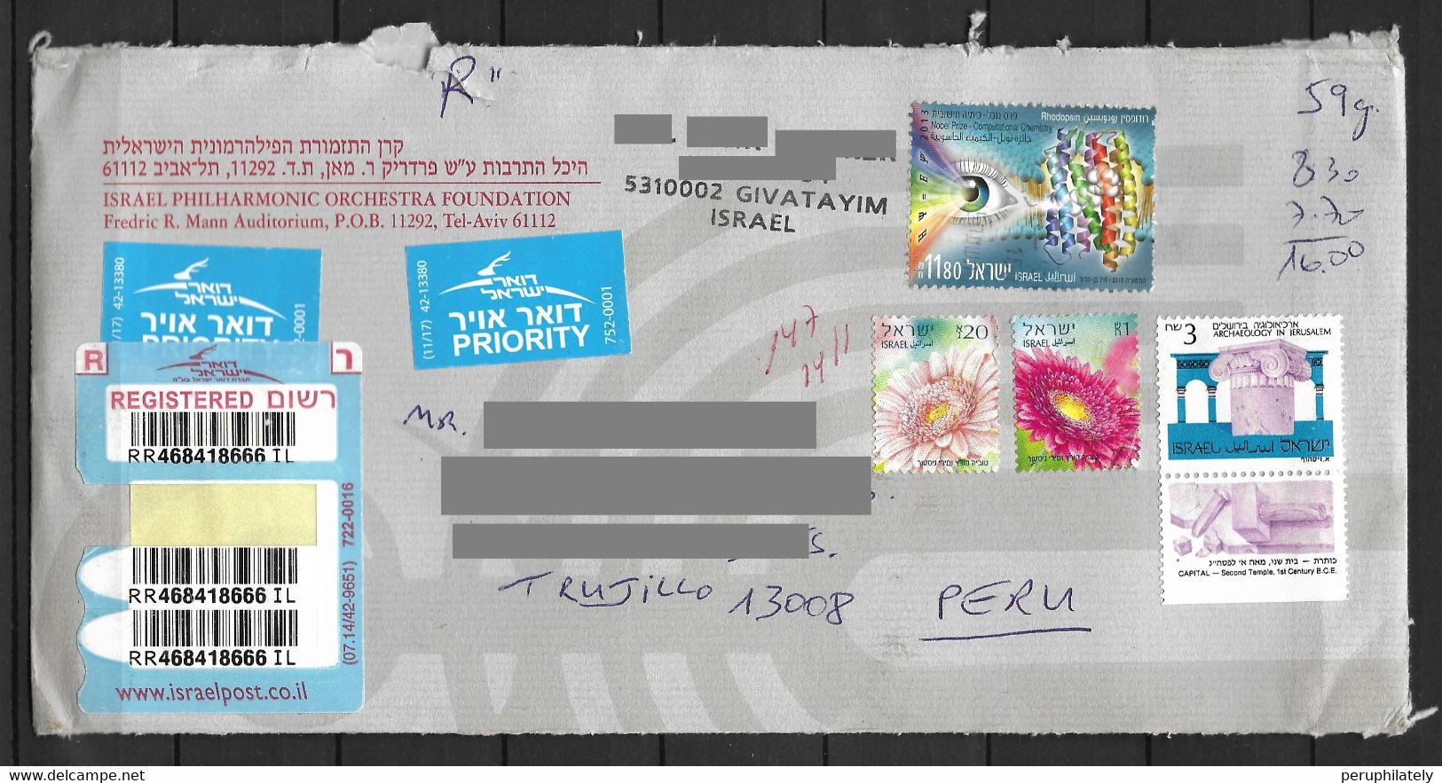 Israel Registered Cover With Nobel Prize , Eye & Flowers Stamps Sent To Peru - Briefe U. Dokumente