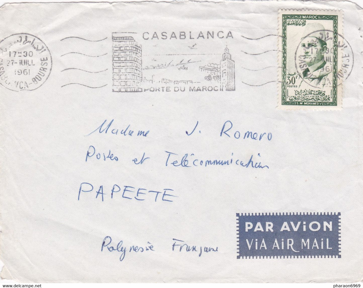 Devant D'enveloppe Par Avion Via Air Mail Casablanca Bourse à Papeete Flamme Casablanca - Morocco (1956-...)