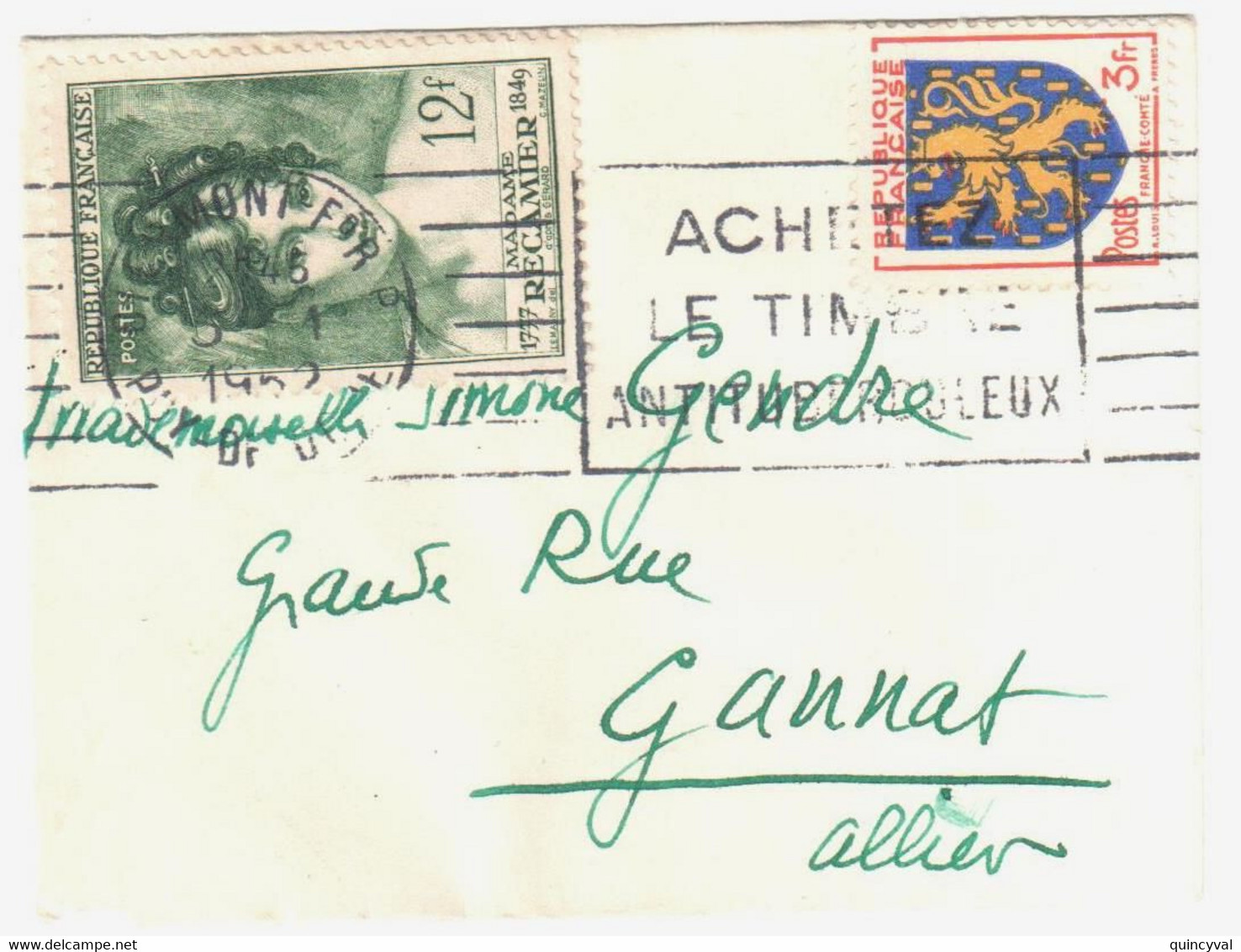 CLERMONT FERRAND Puy De Dôme Carte De Visite Mignonnette 12 F Récamier 3F Blason Franche Comté Yv 875 90 Ob Meca 1952 - Storia Postale