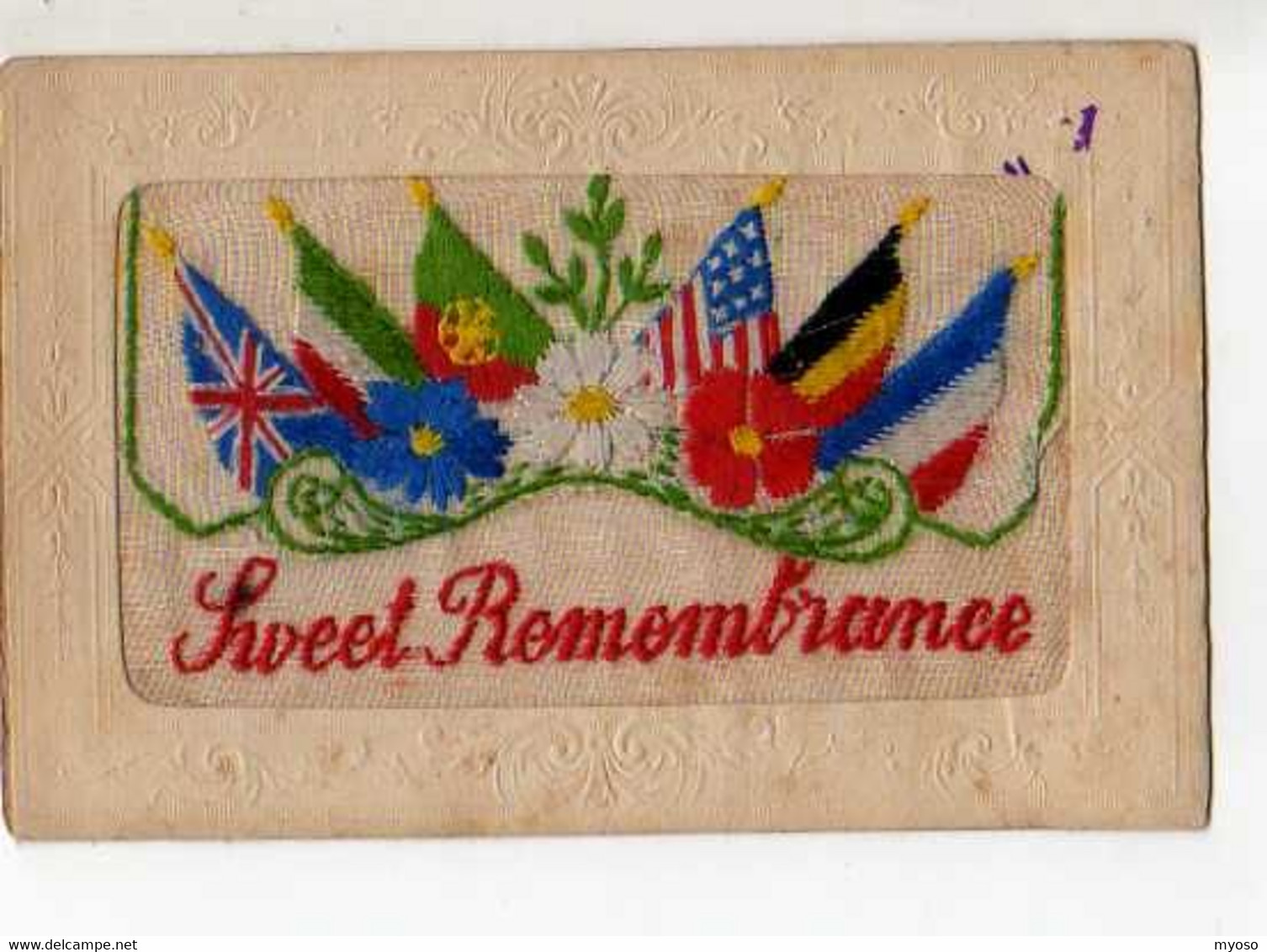 Carte Brodee Fleurs De France Sweet Remembrance, Bleuet, Coquelicot, Marguerite, Drapeaux Allies - Brodées