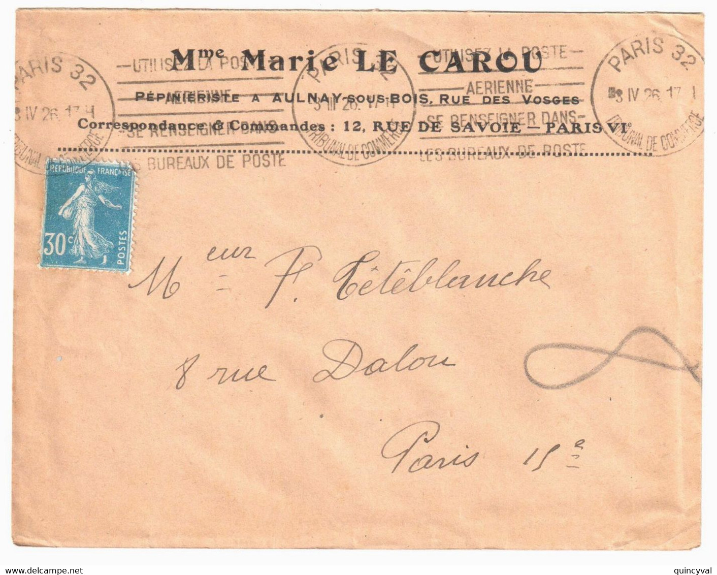 PARIS 32 Tribunal Commerce Lettre Entête Pépineristec LE CAROU 30c Semeuse Bleu Yv 192 Ob Meca Krag 1926 Poste Aérienne - Lettres & Documents