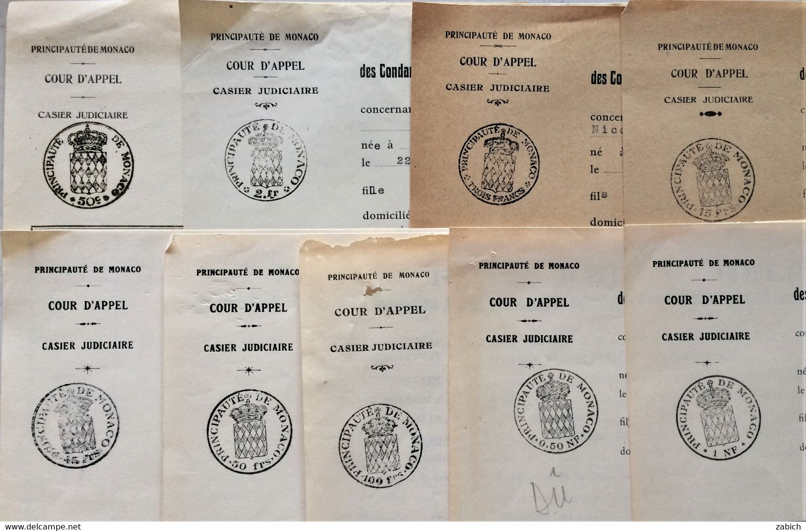 FISCAUX DE MONACO COLLECTION DE 9 CASIER JUDICIARES TIMBRES à L'EXTRAORDINAIRE De 1929 à 1962 - Fiscale Zegels