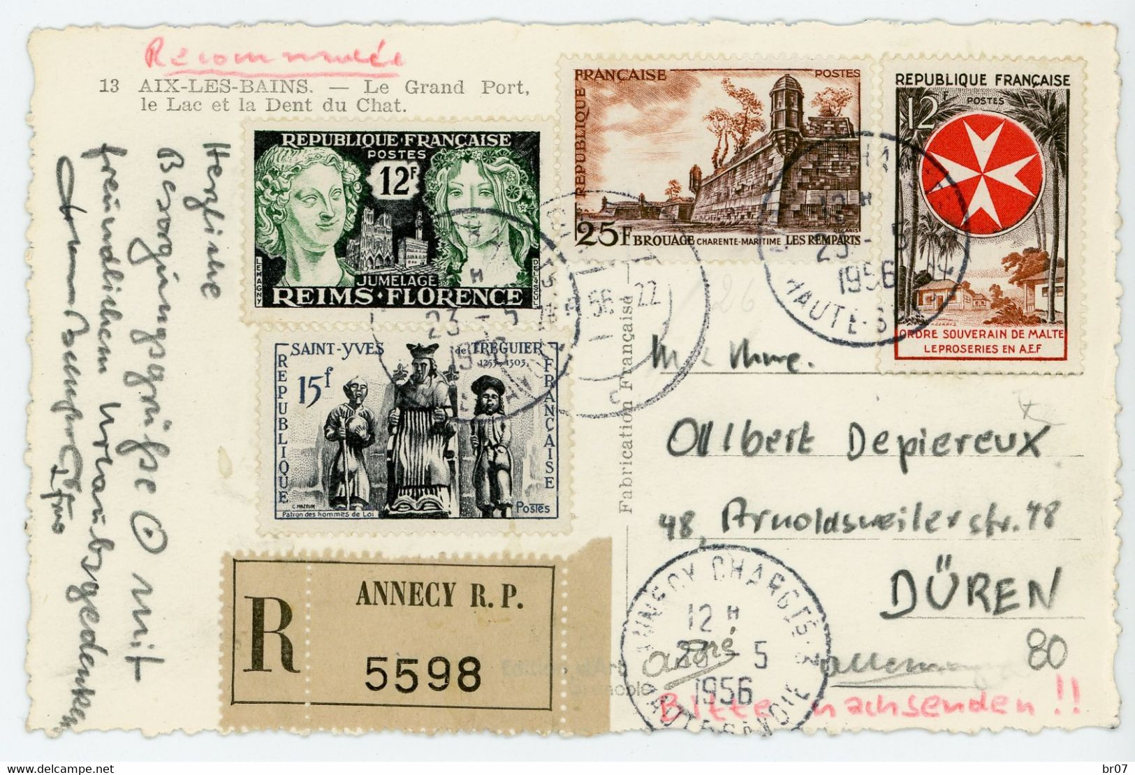 RARE TARIF CP RECOMMANDEE => ALLEMAGNE HAUTE SAVOIE 1956 ANNECY CHARGTS SUR N° 1042 1061/3 TARIF CP ORDINAIRE 18 FRANCS - 1921-1960: Période Moderne