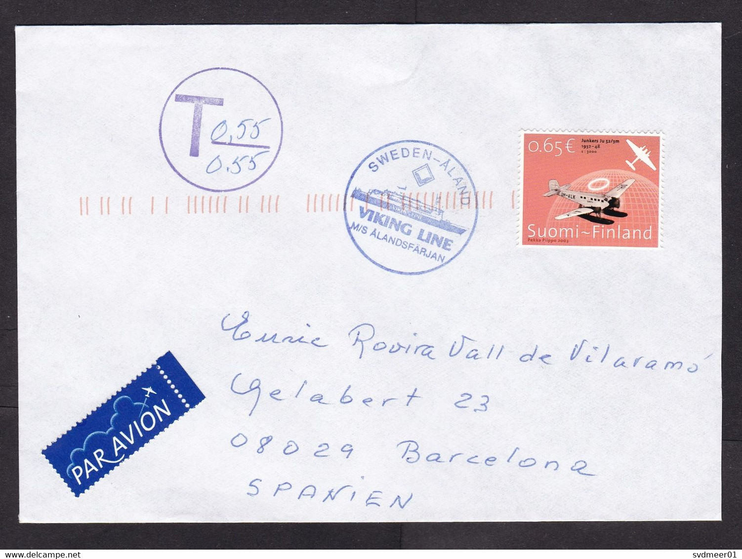 Finland: Airmail Cover To Spain, 1 Stamp, Postage Due, Taxed, Cancel & Label Viking Line Ferry Ship Mail (traces Of Use) - Covers & Documents