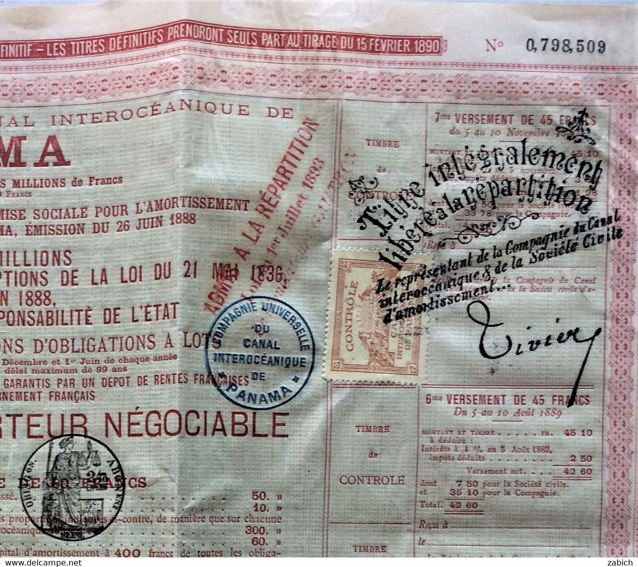 FISCAUX FRANCE OBLIGATION 60 F  CANAL DE PANAMA 1888 - Andere & Zonder Classificatie