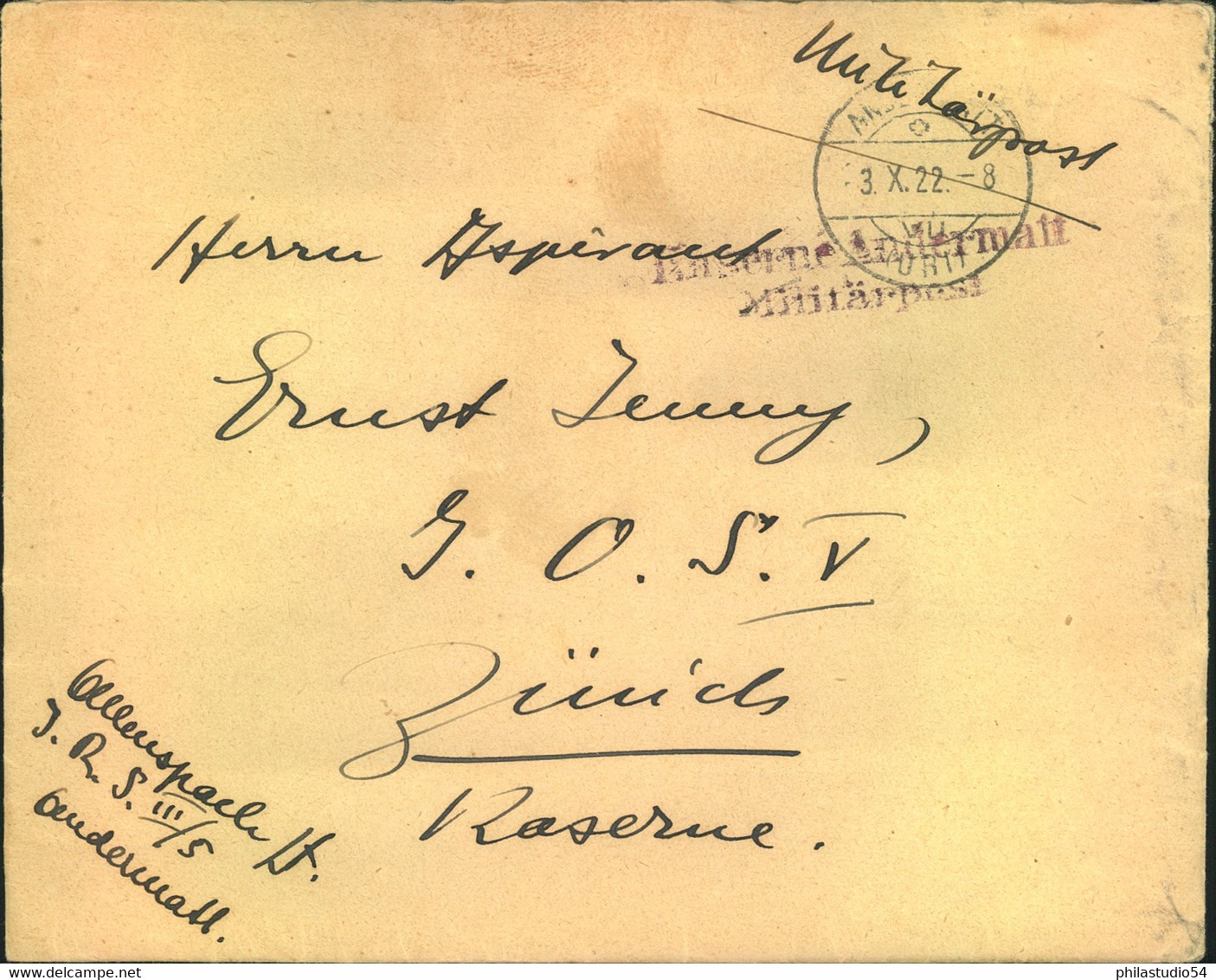 1922, Miliotärpostbrief Aus Der Kaserne Andermatt In Die I.O.S. V - Kaserne In Zürich. Kompletter Inhalt - Autres & Non Classés