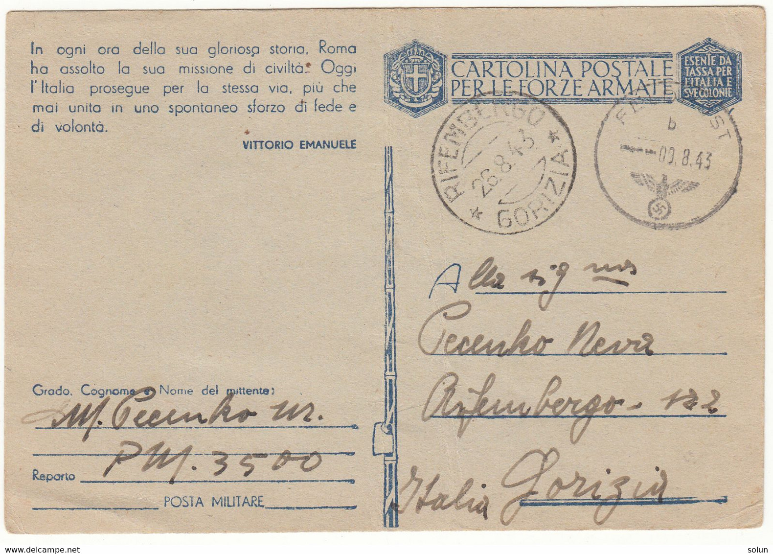 RIFEMBERGO GORIZIA 1943  Su Cartolina Postale FORZE ARMATE FELDPOST  FRIULI VENEZIA GIULIA PM 3500 - Posta Militare (PM)