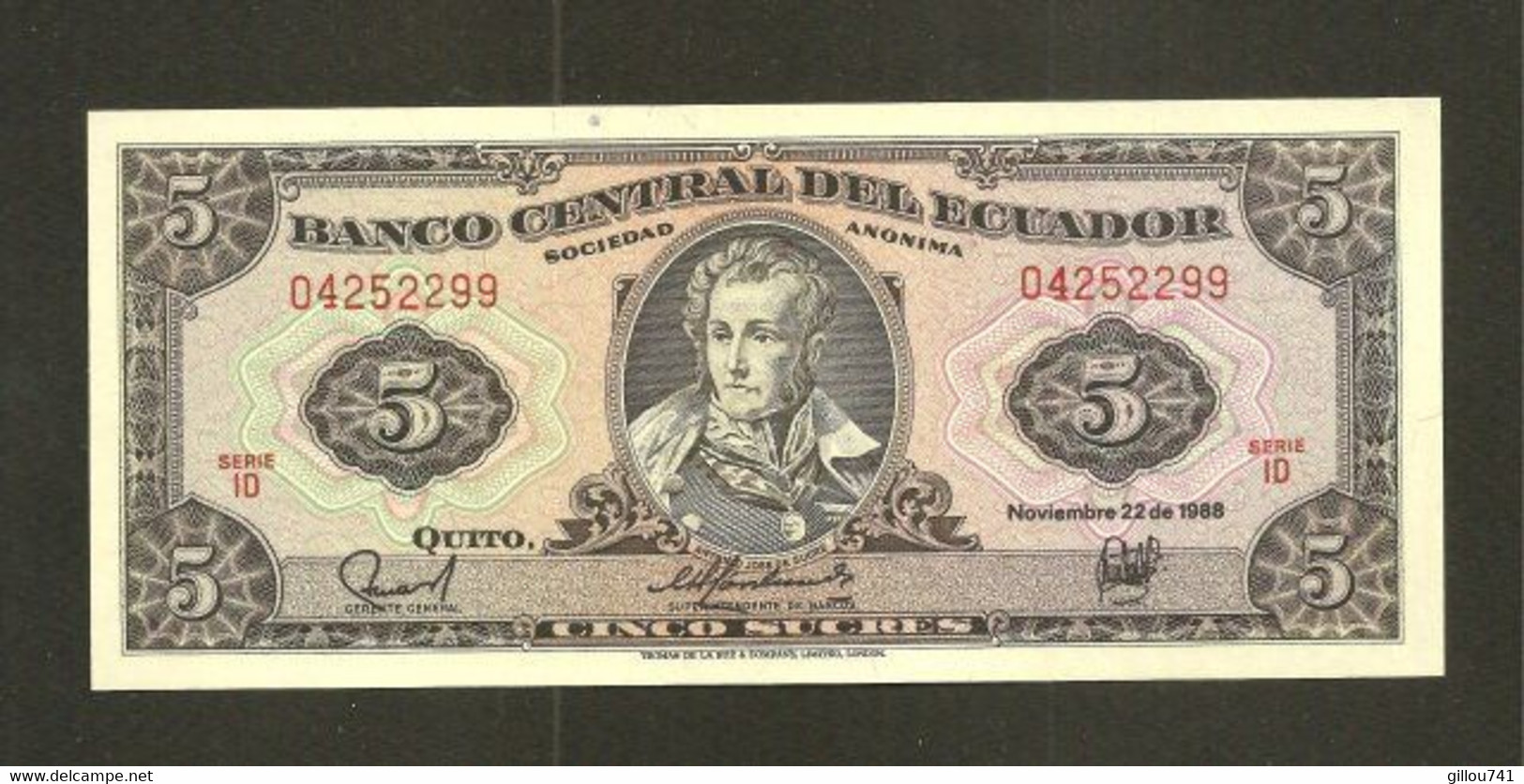 Équateur, 5 Sucres, 1957-1988 "Printer TDLR" - With "Sociedad Anonima" Issue - Equateur