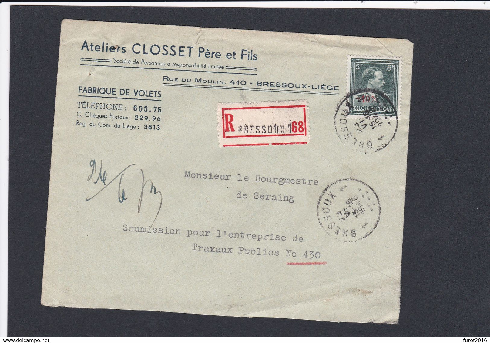 N° 724 P / Lettre En RECOMMANDE De BRESSOUX Lsc - 1946 -10%