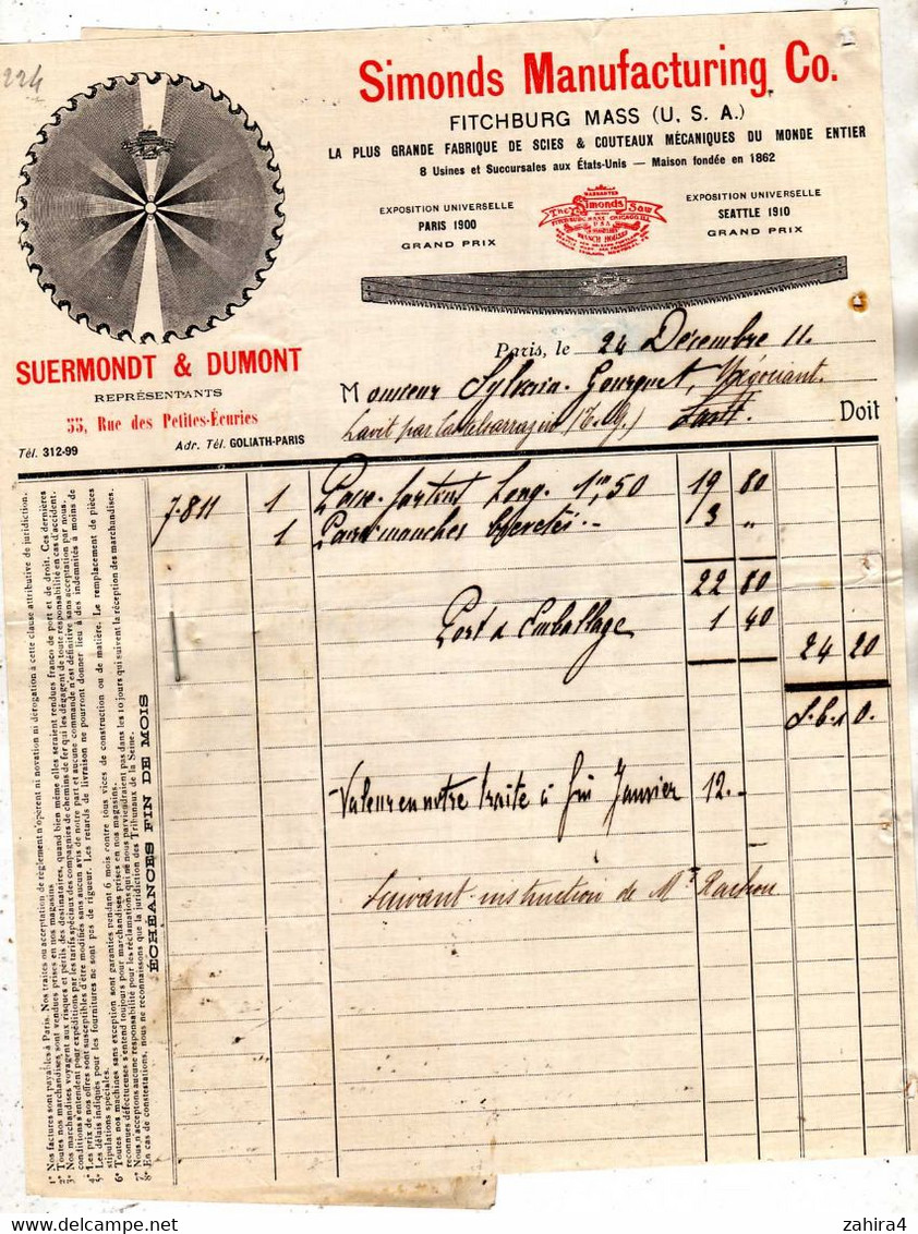 Simonds Manufacturing Co Fitchburg Mass USA Scie & Couteau Mécanique Circulaire  Passe-partout Facture + Lettre Timbre - Etats-Unis