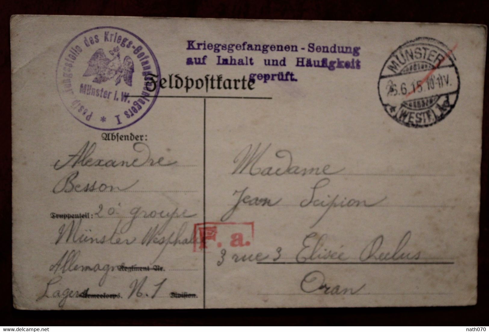 1915 KRIEGSGEFANGENEN POST Läger Münster Nach ORAN Algérie France Algerien Cover WW1 WK1 Censure - Briefe U. Dokumente