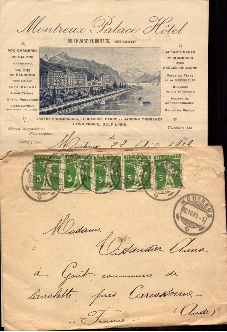 Lettre De Suisse, Montreux Palace Hotel Pour La France, Lavalette, Carcassonne, Aude, 1909   (etat Voir Photo) - Postmark Collection