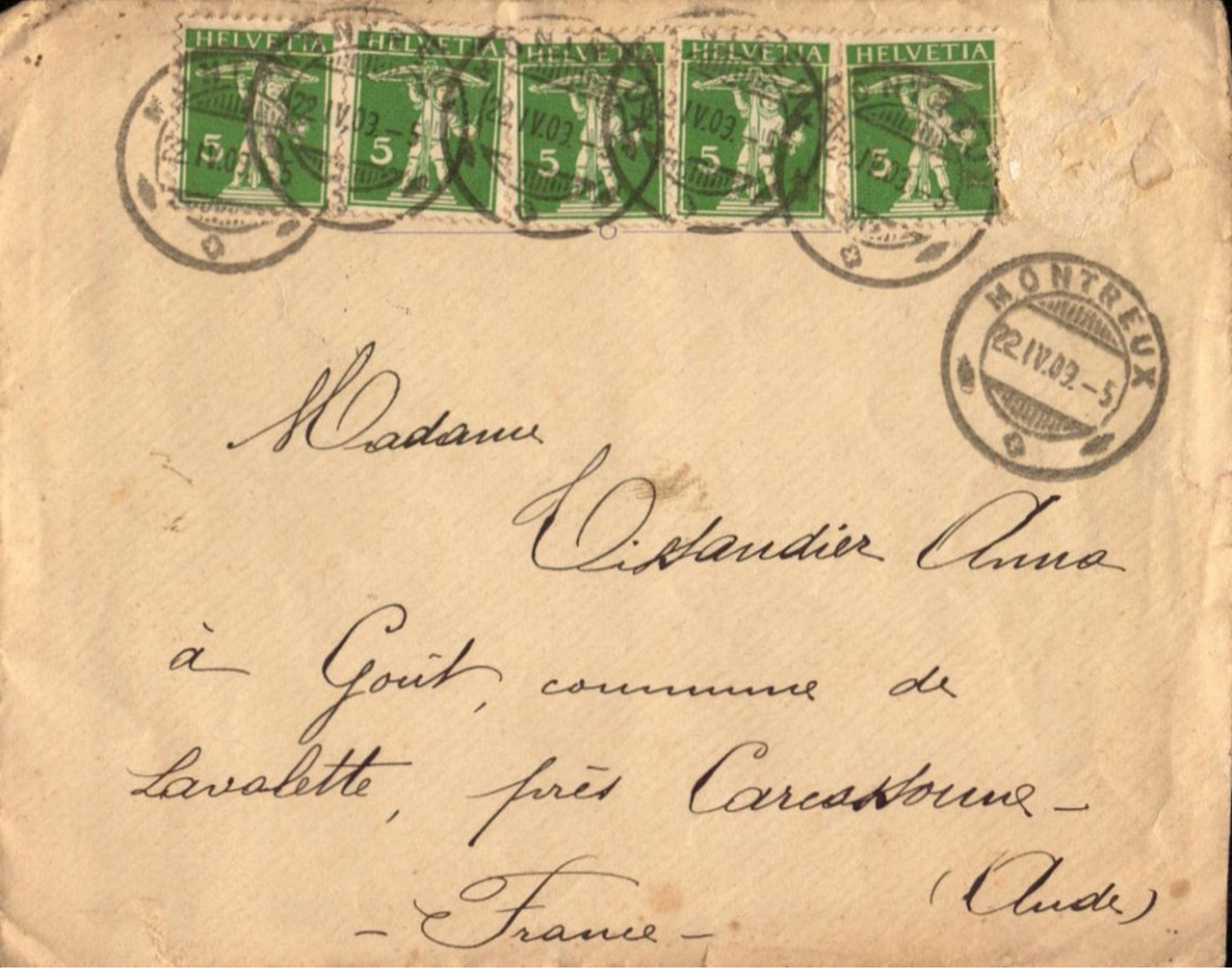 Lettre De Suisse, Montreux Palace Hotel Pour La France, Lavalette, Carcassonne, Aude, 1909   (etat Voir Photo) - Postmark Collection