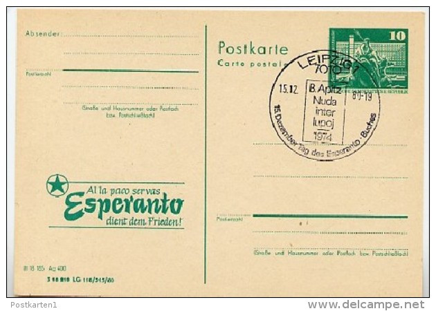 Esperanto Frieden Leipzig DDR P79-12b-80 C134-a Postkarte Zudruck Sost. Bruno Apitz 1980 - Esperanto