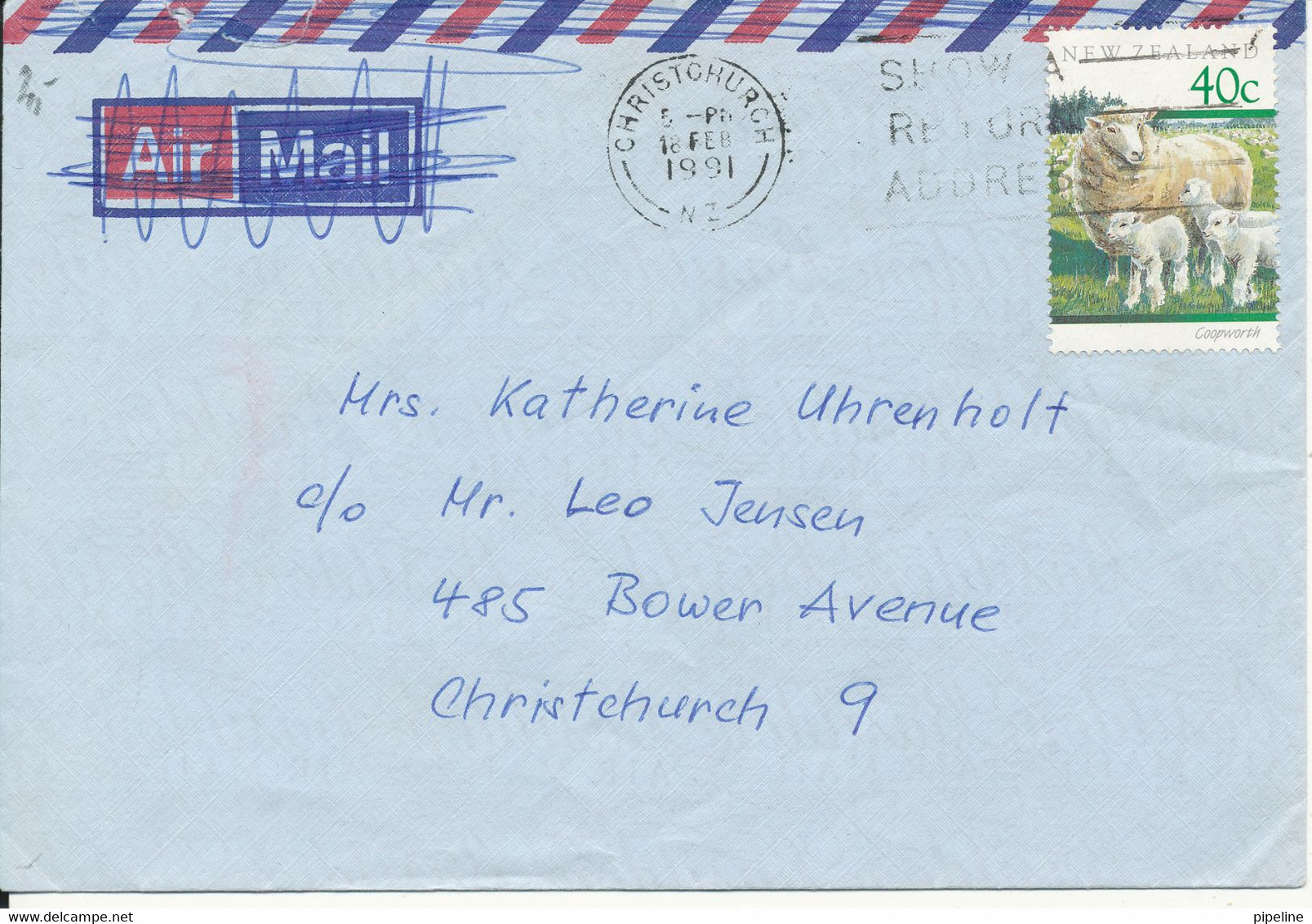 New Zealand Cover Sent To Denmark Christchurch 18-2-1991 Single Franked - Covers & Documents