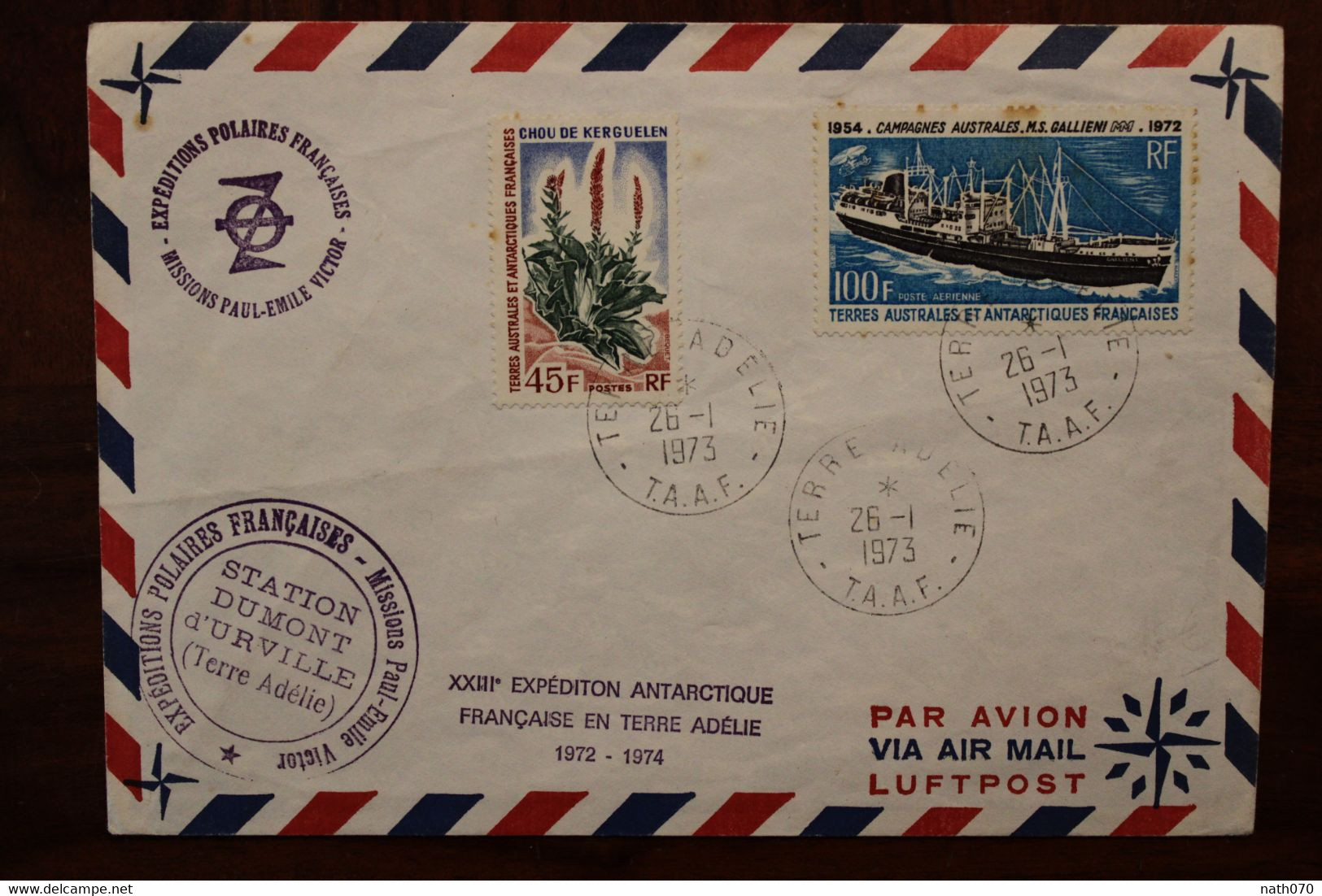 TAAF 1973 Expeditions Polaires Françaises Mission Paul Emile Victor TERRE ADELIE Cover Air Mail Station DUMONT D'Urville - Lettres & Documents