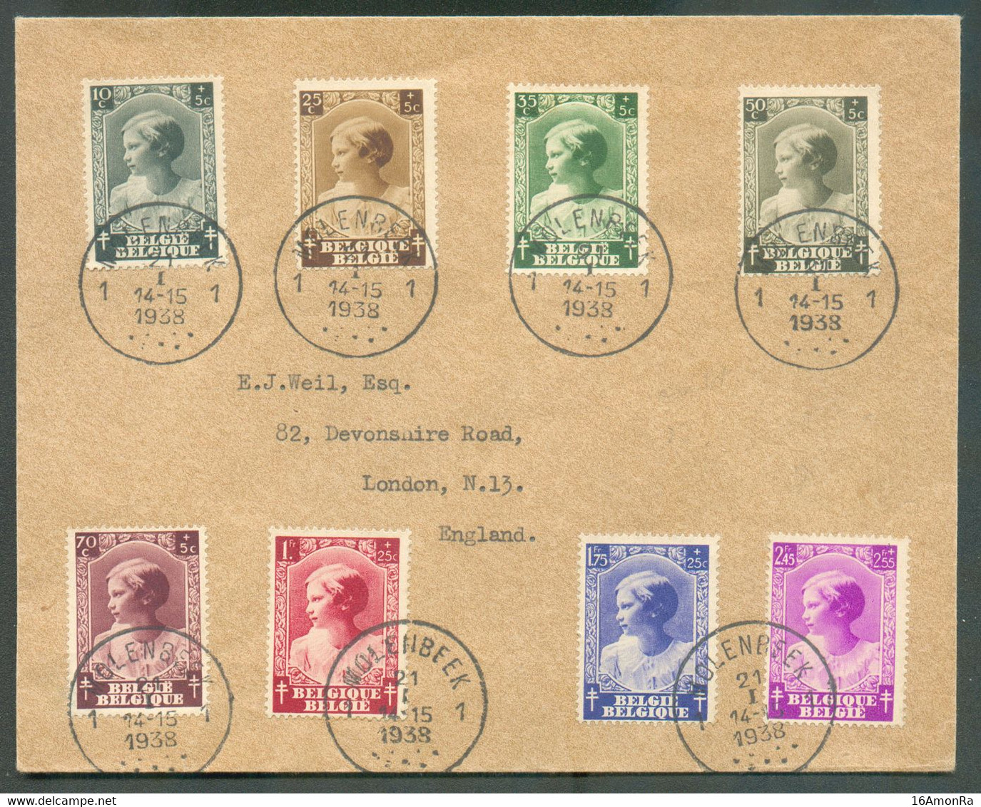 N°458/465 - Série Joséphine-Charlotte Obl. Sc MOLENBEEK 1 Sur Lettre Du 21-I-1938 Vers Londres  - 17858 - Storia Postale