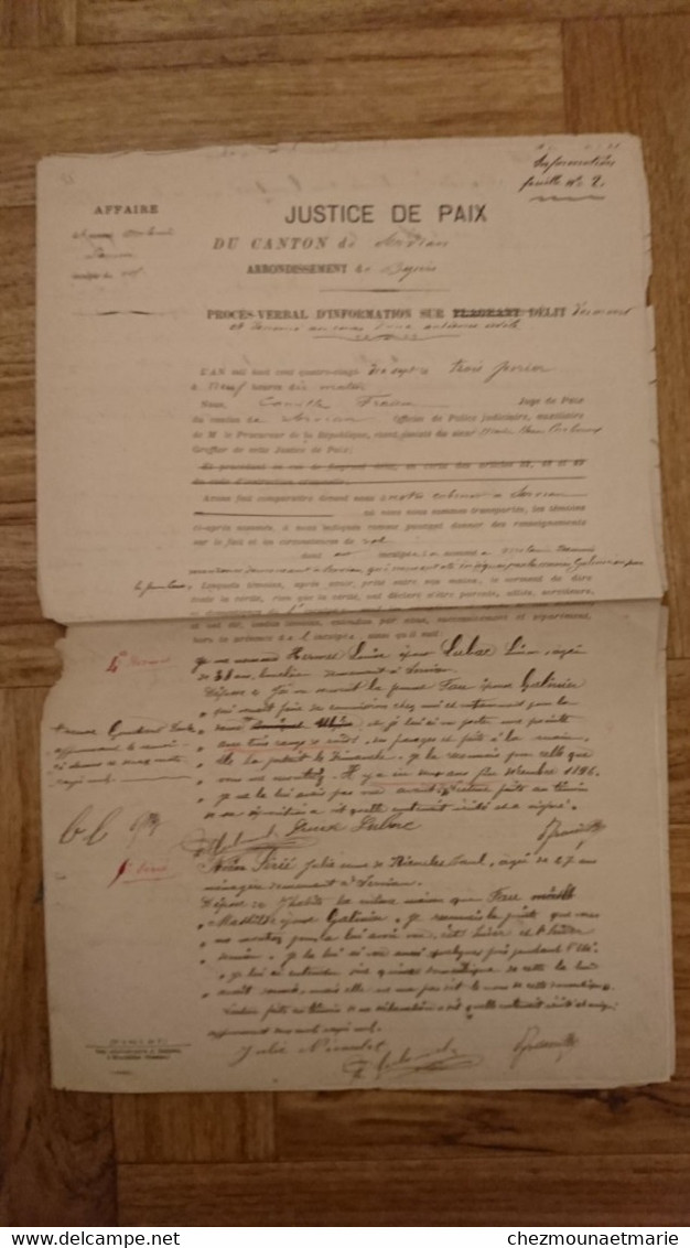 1897 CANTON DE SERVIAN PROCES VERBAL POUR DELIT DE VOL CONTRE DAUNIS MELANIE JARDINIERE NEE A REQUISTA EPOUSE CAU - Historische Dokumente