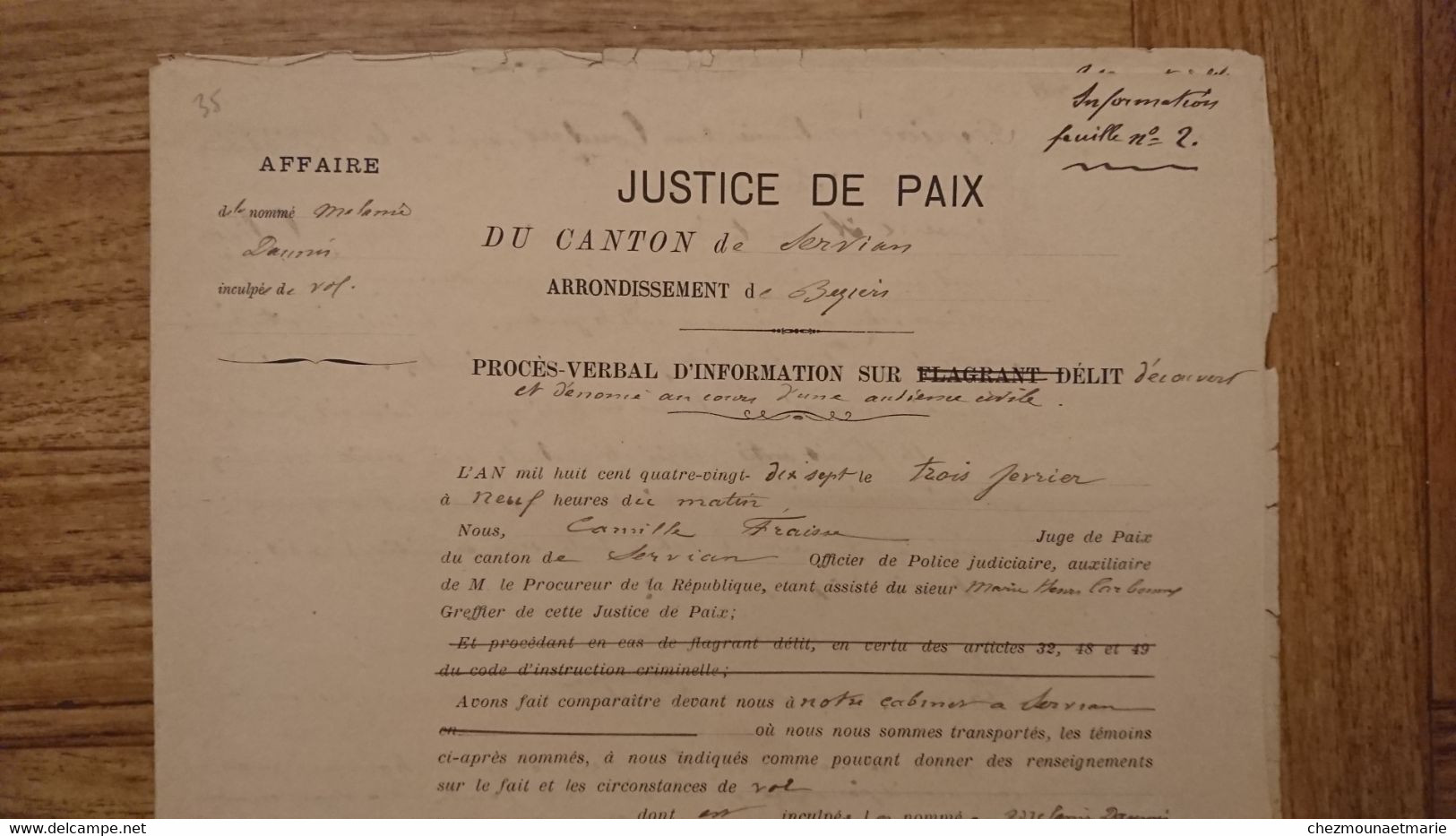 1897 CANTON DE SERVIAN PROCES VERBAL POUR DELIT DE VOL CONTRE DAUNIS MELANIE JARDINIERE NEE A REQUISTA EPOUSE CAU - Documents Historiques