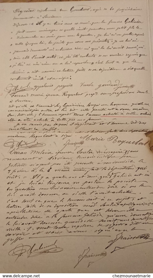 1897 CANTON DE SERVIAN PROCES VERBAL POUR DELIT DE VOL CONTRE DAUNIS MELANIE JARDINIERE NEE A REQUISTA EPOUSE CAU - Historische Dokumente