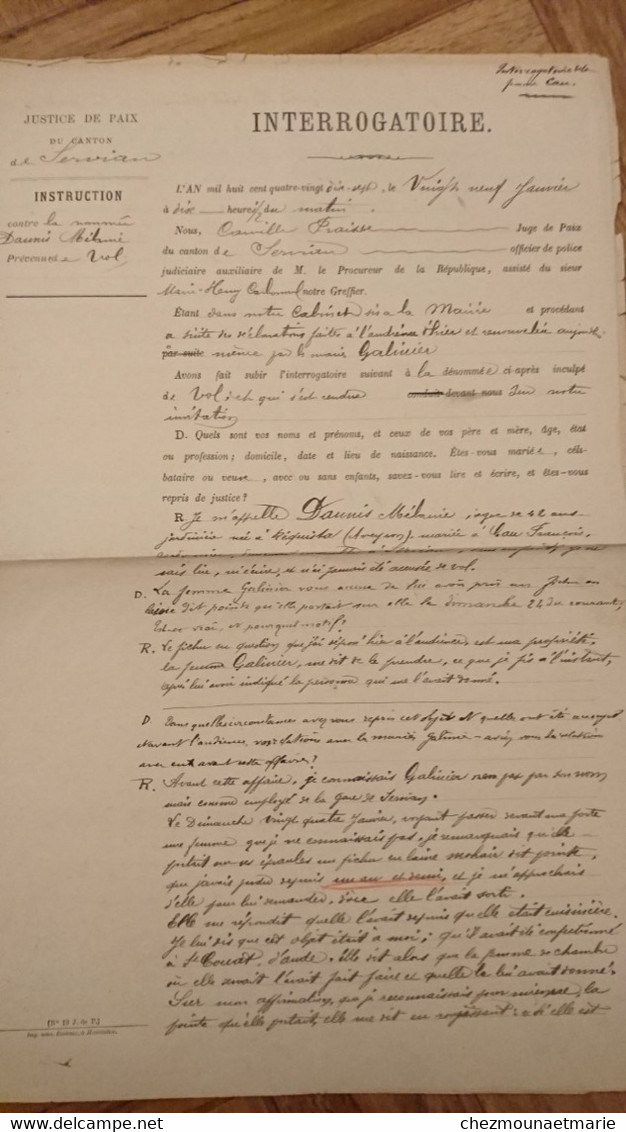 1897 CANTON DE SERVIAN PROCES VERBAL POUR DELIT DE VOL CONTRE DAUNIS MELANIE JARDINIERE NEE A REQUISTA EPOUSE CAU