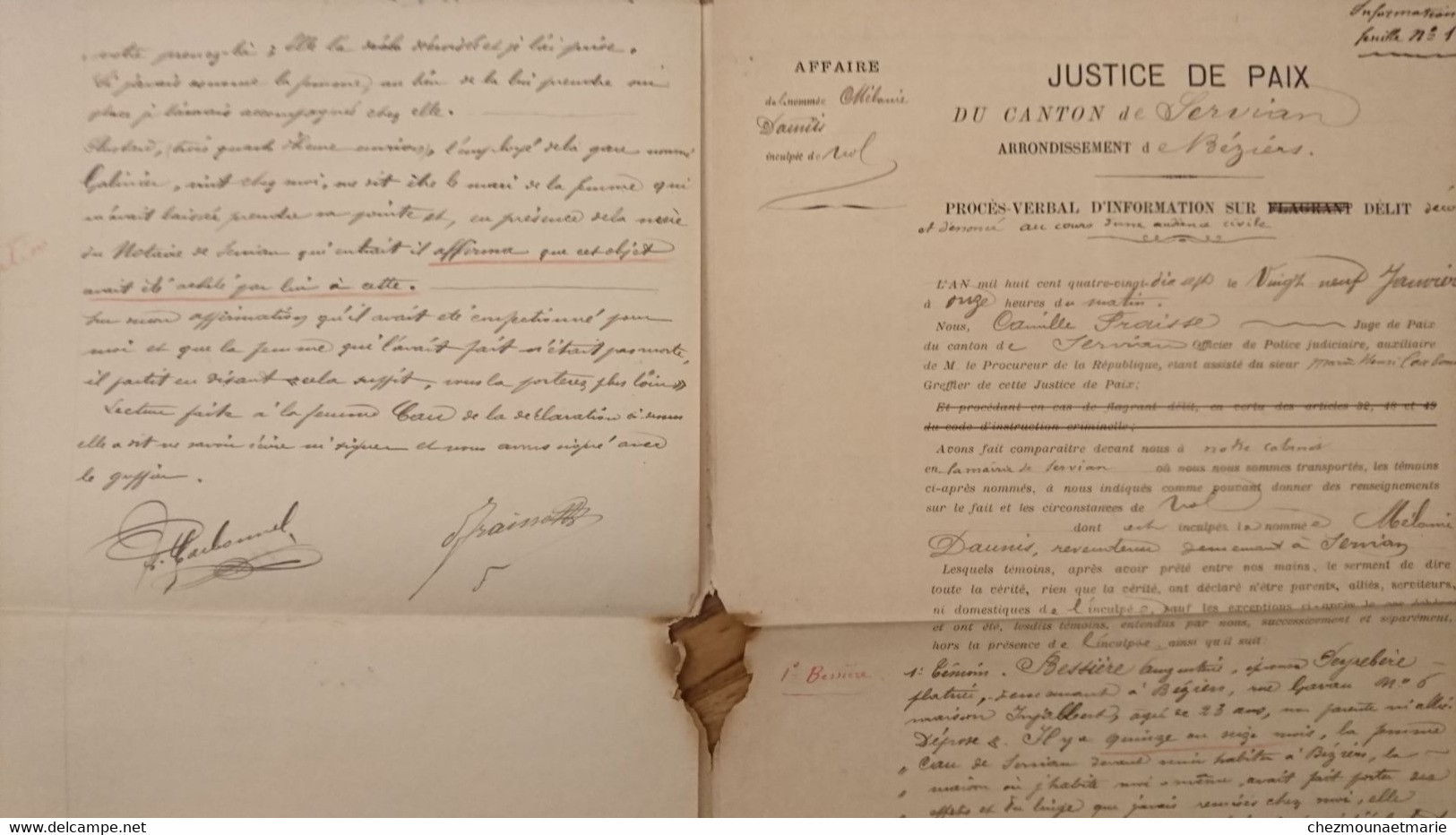 1897 CANTON DE SERVIAN PROCES VERBAL POUR DELIT DE VOL CONTRE DAUNIS MELANIE JARDINIERE NEE A REQUISTA EPOUSE CAU