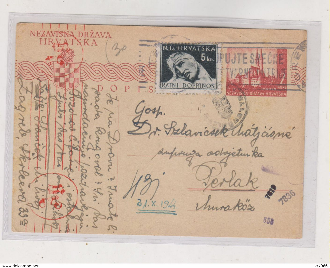 CROATIA WW II ZAGREB   1944 2x  Censored Postal Stationery To PERLAK PRELOG HUNGARY - Croatia