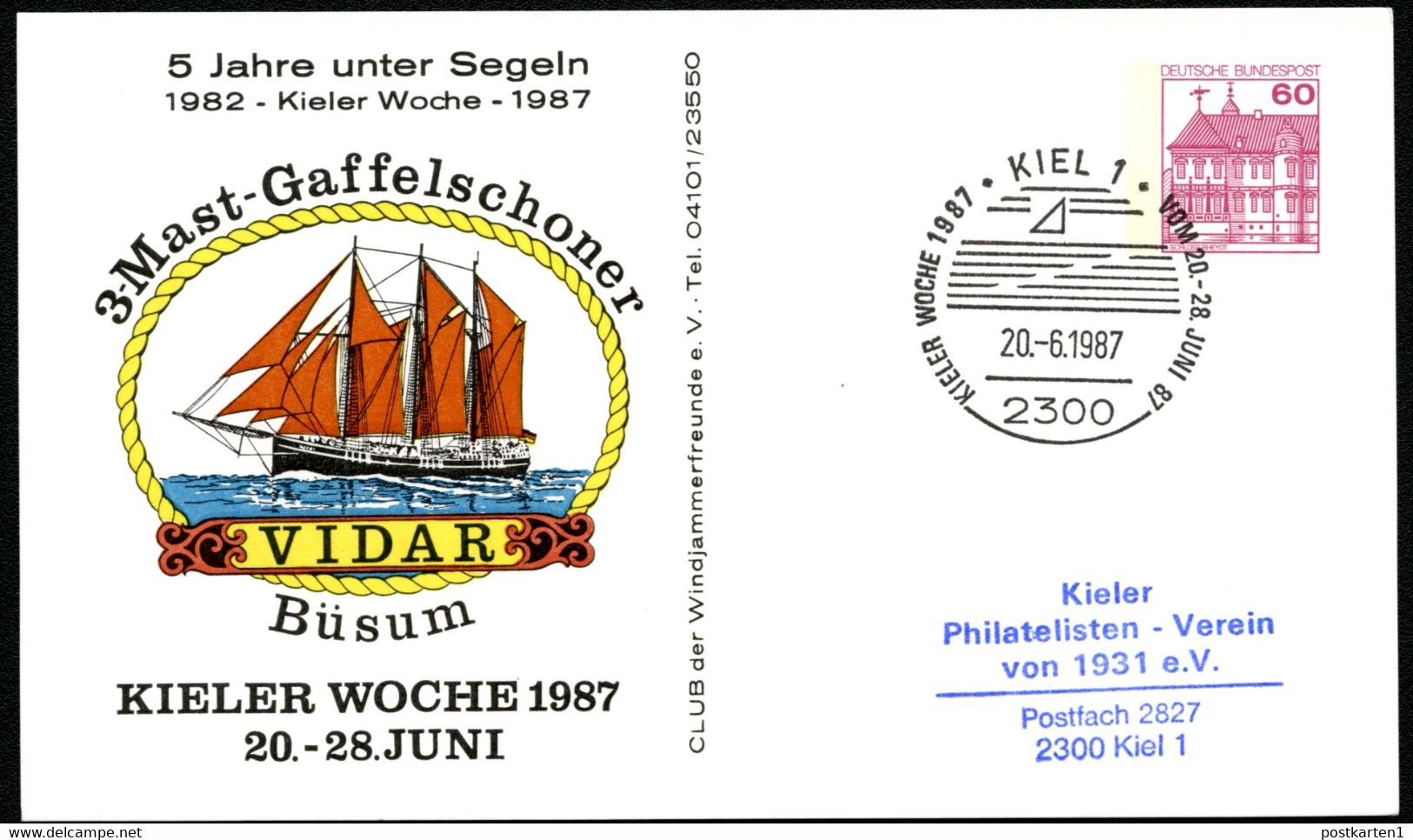 Bund PP106 D2/047 3-MAST-GAFFELSCHONER VIDAR BÜSUM Kiel Sost. 1987 NGK 6,00 € - Cartes Postales Privées - Oblitérées