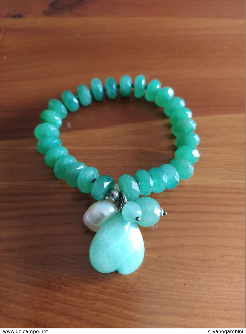 BRACCIALE IN AVVENTURINA, PERLE D'ACQUA DOLCE E ARGENTO 925, NUOVO - Armbänder