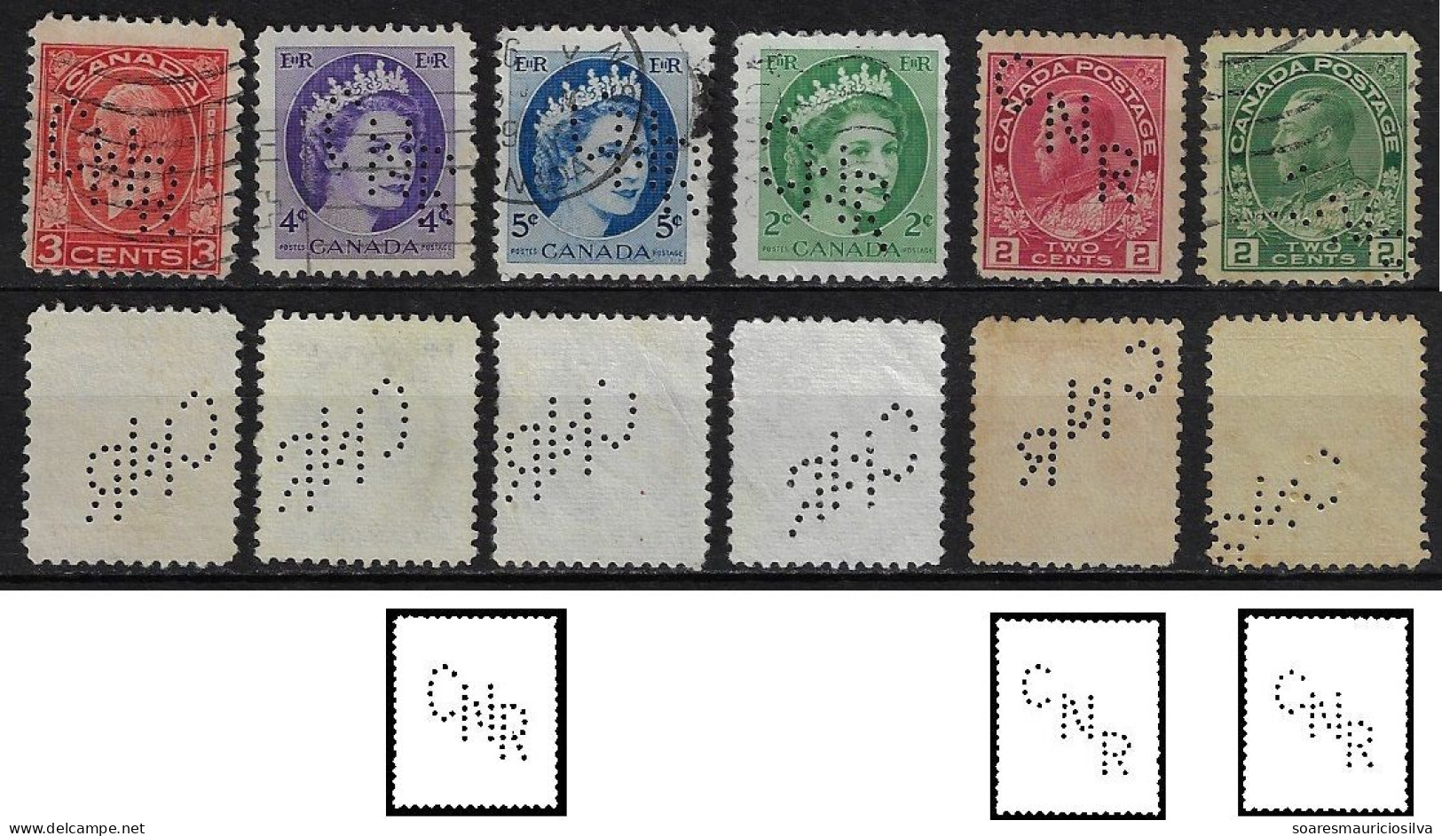 Canada 1903/1983 6 Stamp With 3 Different Perfin CNR By Canadian National Railways Lochung Perfore - Perforadas