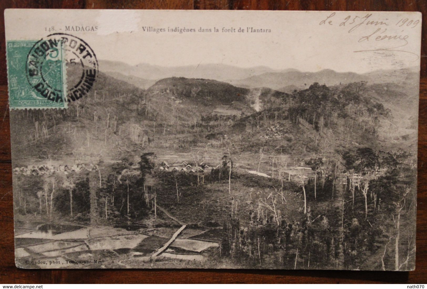 Indochine 1909 CPA Ak Oblit. Saigon Pour La Réunion Madagascar Villages Indigènes Dans La Forêt De L'Iantara - Madagascar
