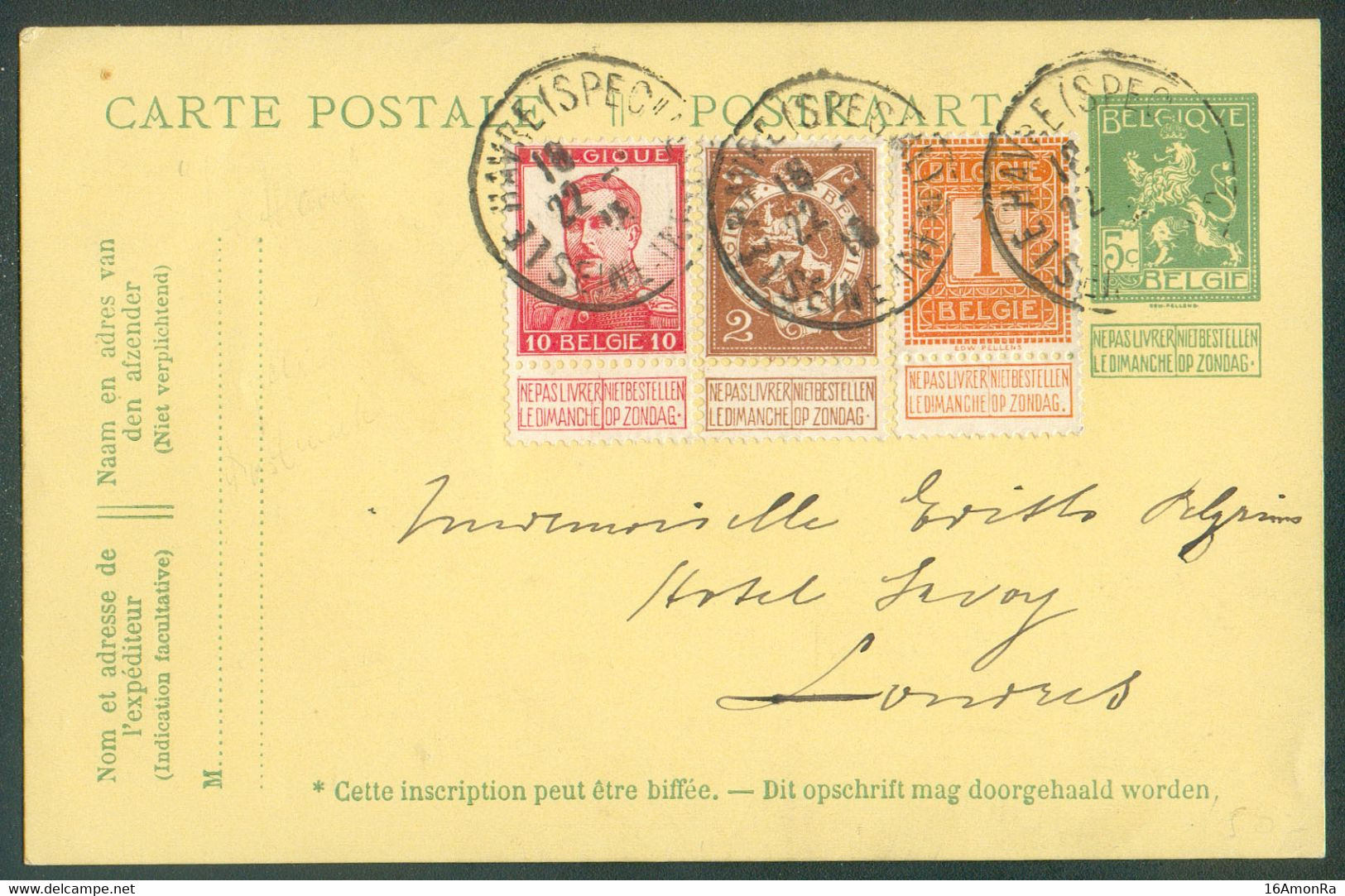 EP Carte 5c. Pellens + Tp 1, 2, Et 10 Centimes PELLENS  Obl. Sc LE HAVRE (SPECIAL)  du 22-1-1915 Vers Londres (arrivée A - Sonstige & Ohne Zuordnung