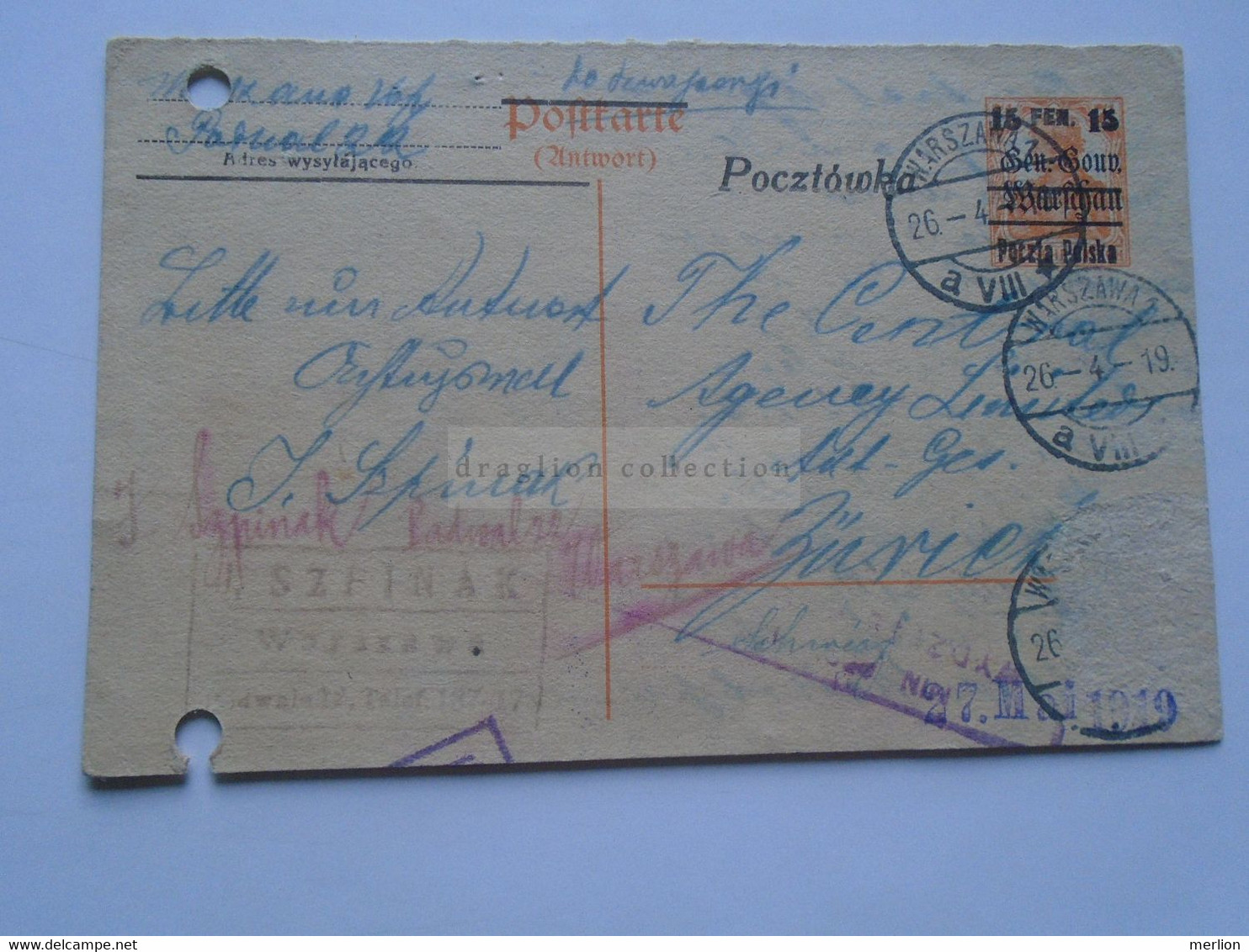 D178635 POLAND POLSKA  -Ganzsache - 26.4.1919 - Gen. Gouv. WRASCHAU Ovpt. Warszawa Cancel - SZFINAK  Sent To Zürich - Other & Unclassified