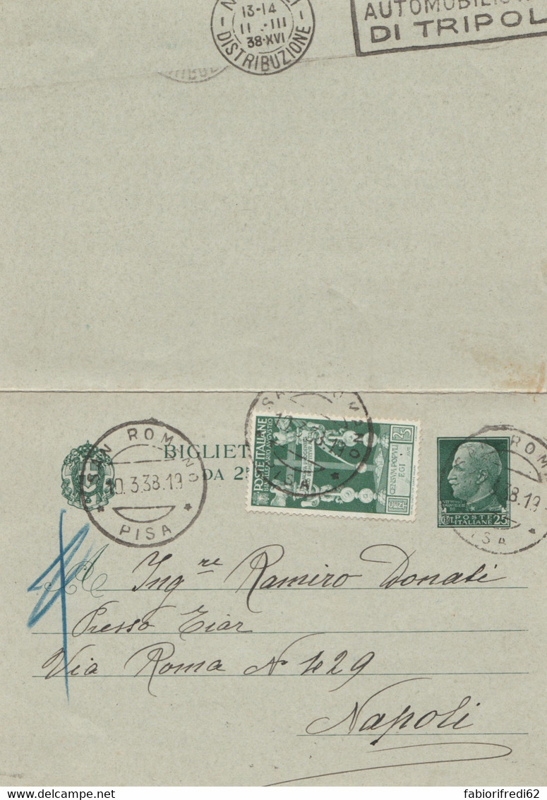 INTERO POSTALE BIGLIETTO 1938 C.25+C.25 AUGUSTEO TIMBRO SAN ROMANO PISA (HC1149 - Entero Postal