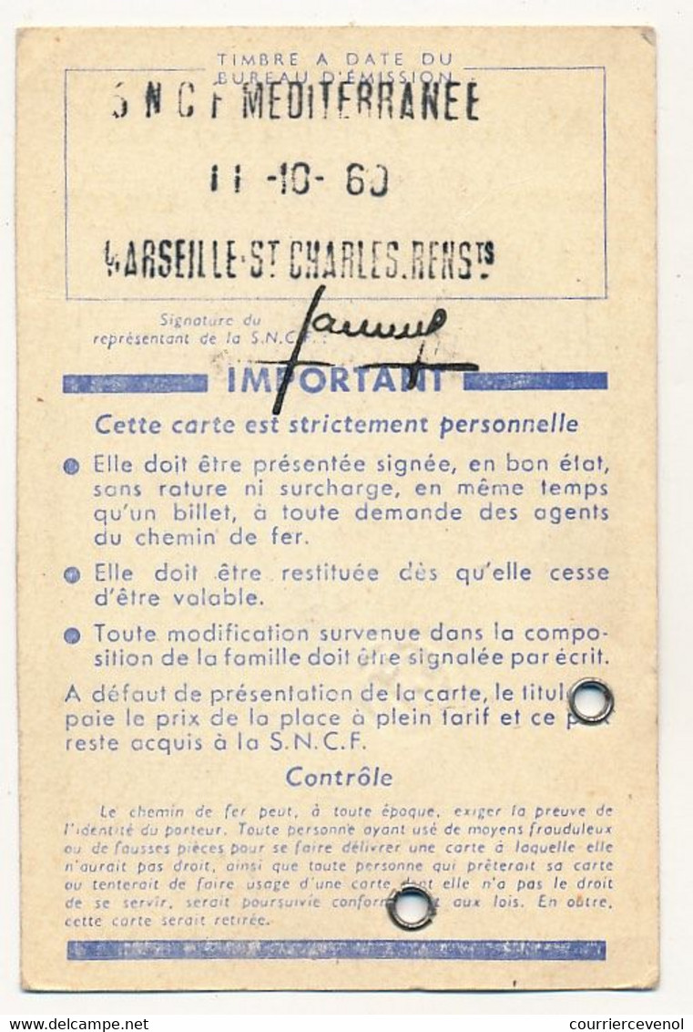 SNCF - 4 Cartes D'identité "Familles Nombreuses" - Réduction De 30% - Marseille Saint Charles - 1960 - Other & Unclassified