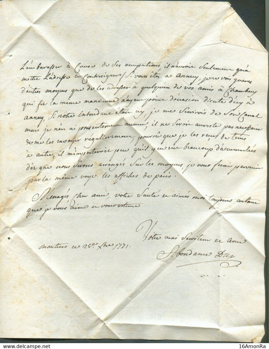 LAC De MOUTIERS Le 25 Décembre 1771 (griffe Manuscrite ) Vers Chambéry (biffé) Et Renvoi Vers  ANNECY (docteur Médecin L - 1701-1800: Voorlopers XVIII