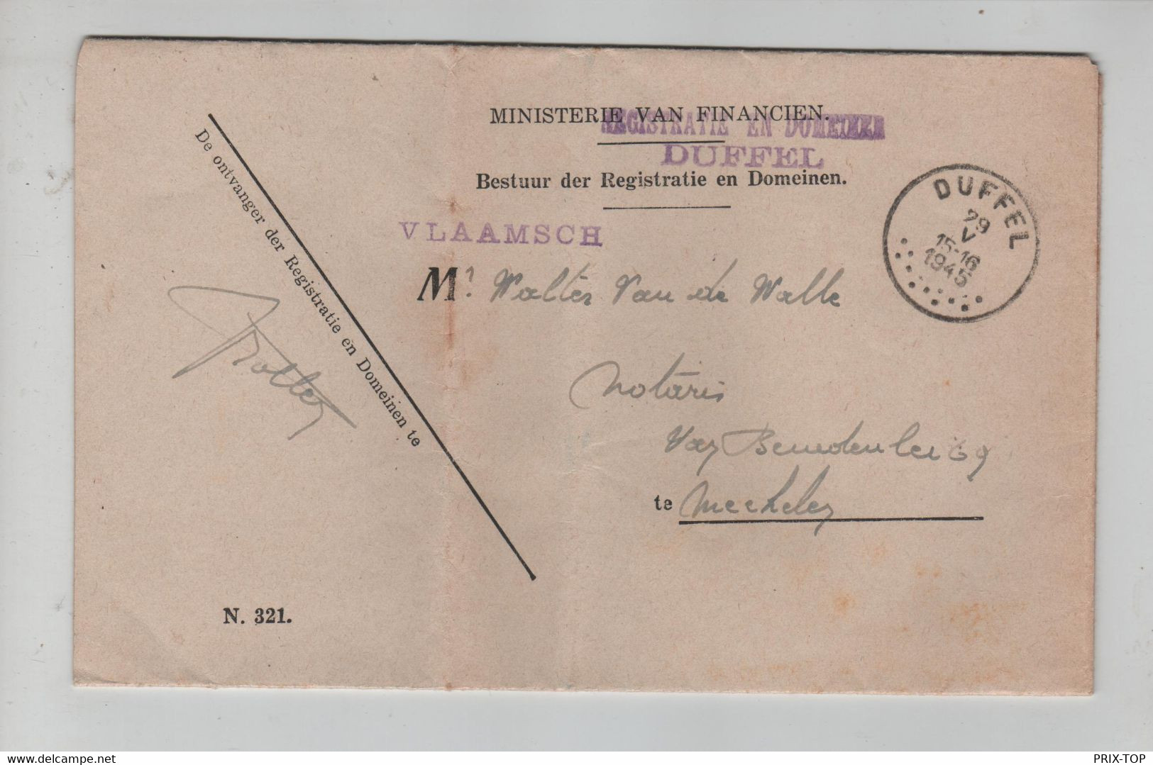 REF4092/ Brief Van Het Ministerie Van Financiën Registratie & Domeinen Duffel 29/5/1945 > Notaris Mechelen Van De Walle - Posta Rurale