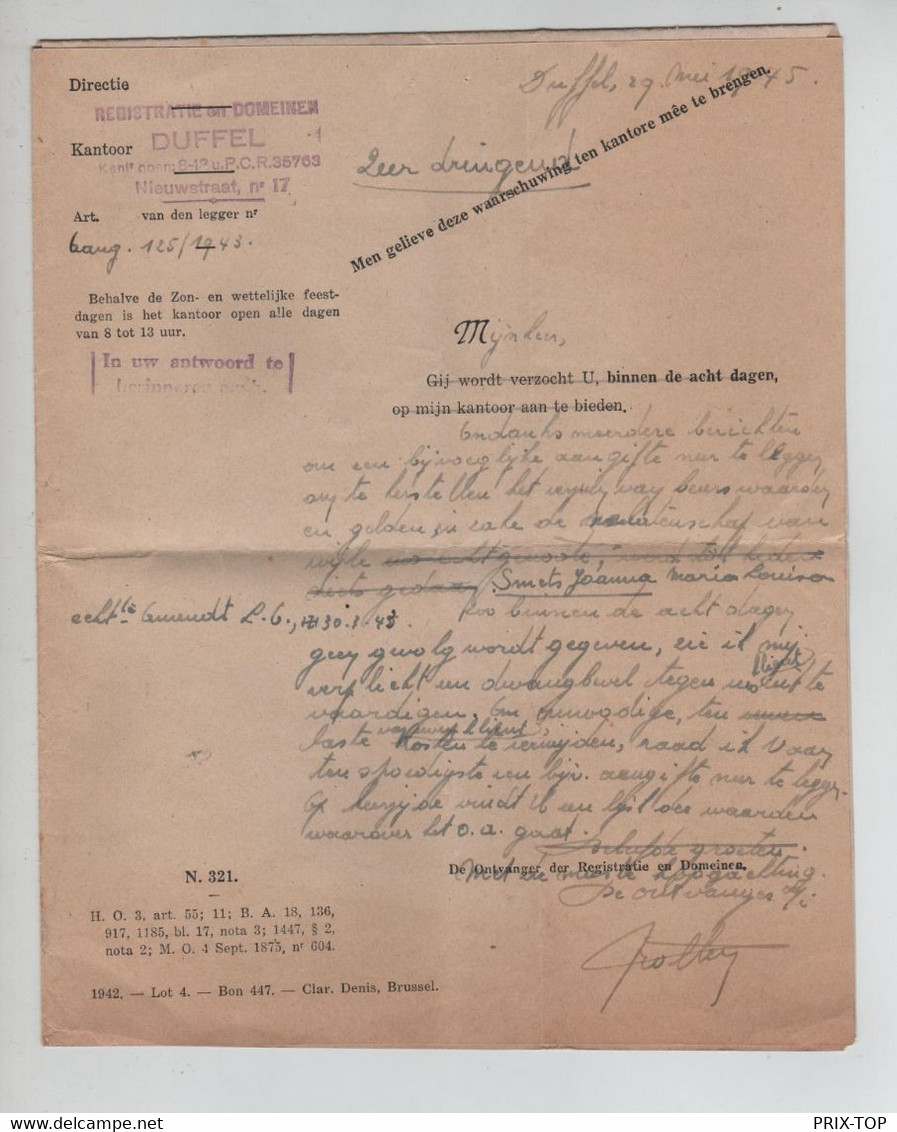 REF4092/ Brief Van Het Ministerie Van Financiën Registratie & Domeinen Duffel 29/5/1945 > Notaris Mechelen Van De Walle - Landpost (Ruralpost)