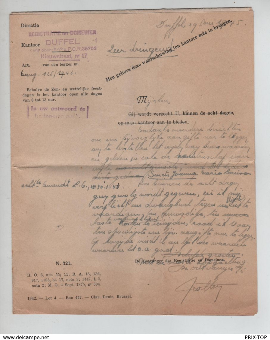 REF4092/ Brief Van Het Ministerie Van Financiën Registratie & Domeinen Duffel 29/5/1945 > Notaris Mechelen Van De Walle - Landelijks Post