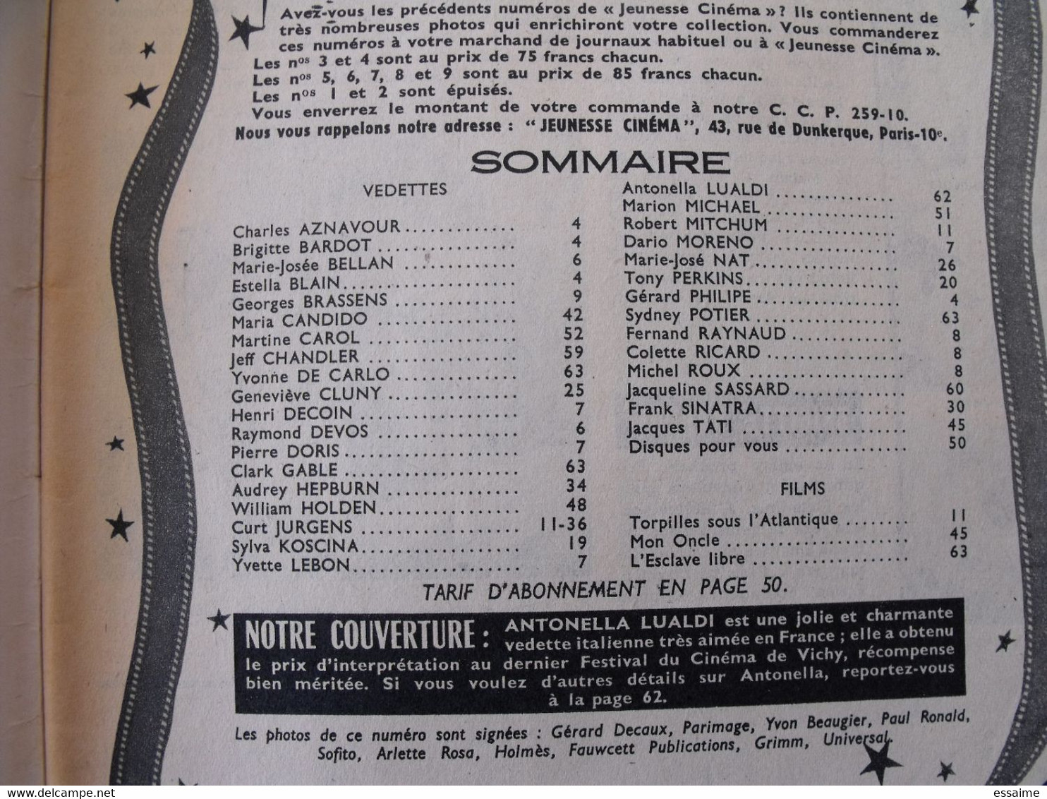 Revue Jeunesse Cinéma N° 9 De 1958. Yves Montand Antonella Lualdi Brigitte Bardot Aznavour Gable Sinatra Tati Carol - Cinema