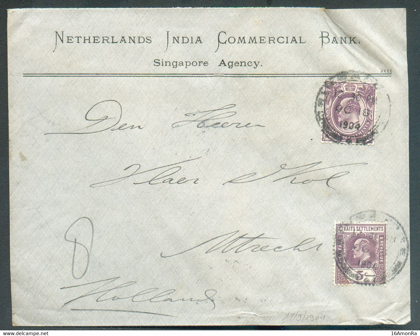 Straits Settlements 3c. + 5c. Obl. Dc SINGAPORE On Cover (from Netherland India Commercial Bank) 18 Oct. 1904 To Utrecht - Singapur (...-1959)