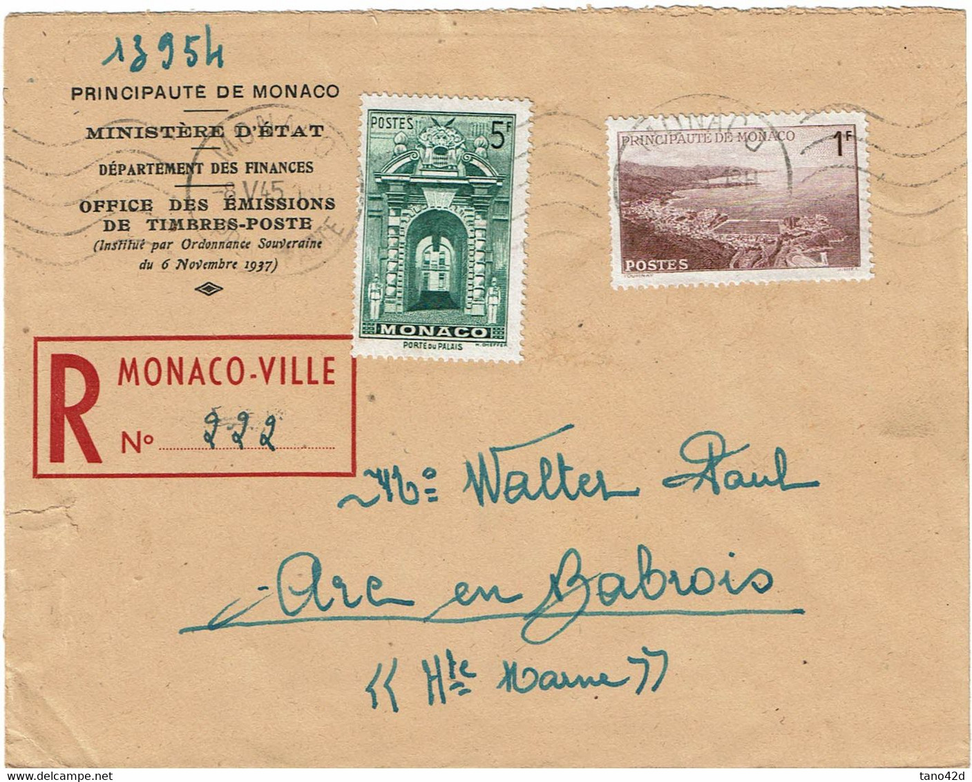 CTN67/ETR - MONACO LETTRE RECOMMANDEE MAI 1945 - Other & Unclassified