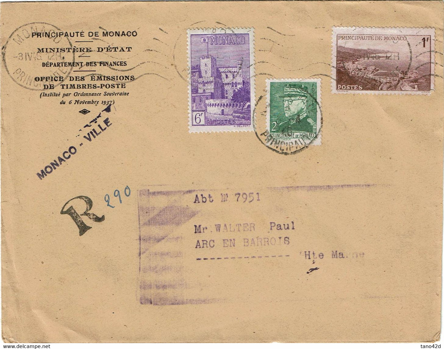 CTN67/ETR - MONACO LETTRE RECOMMANDEE PROVISOIRE AVRIL 1946 - Andere & Zonder Classificatie