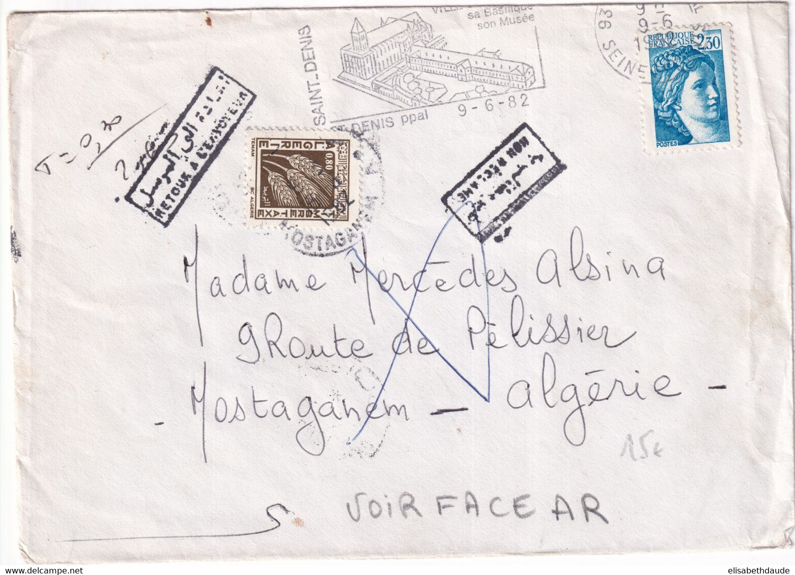 1982 - TAXE ALGERIENNE ! Sur ENVELOPPE De SAINT-DENIS => MOSTAGANEM (ALGERIE) - 1960-.... Lettres & Documents