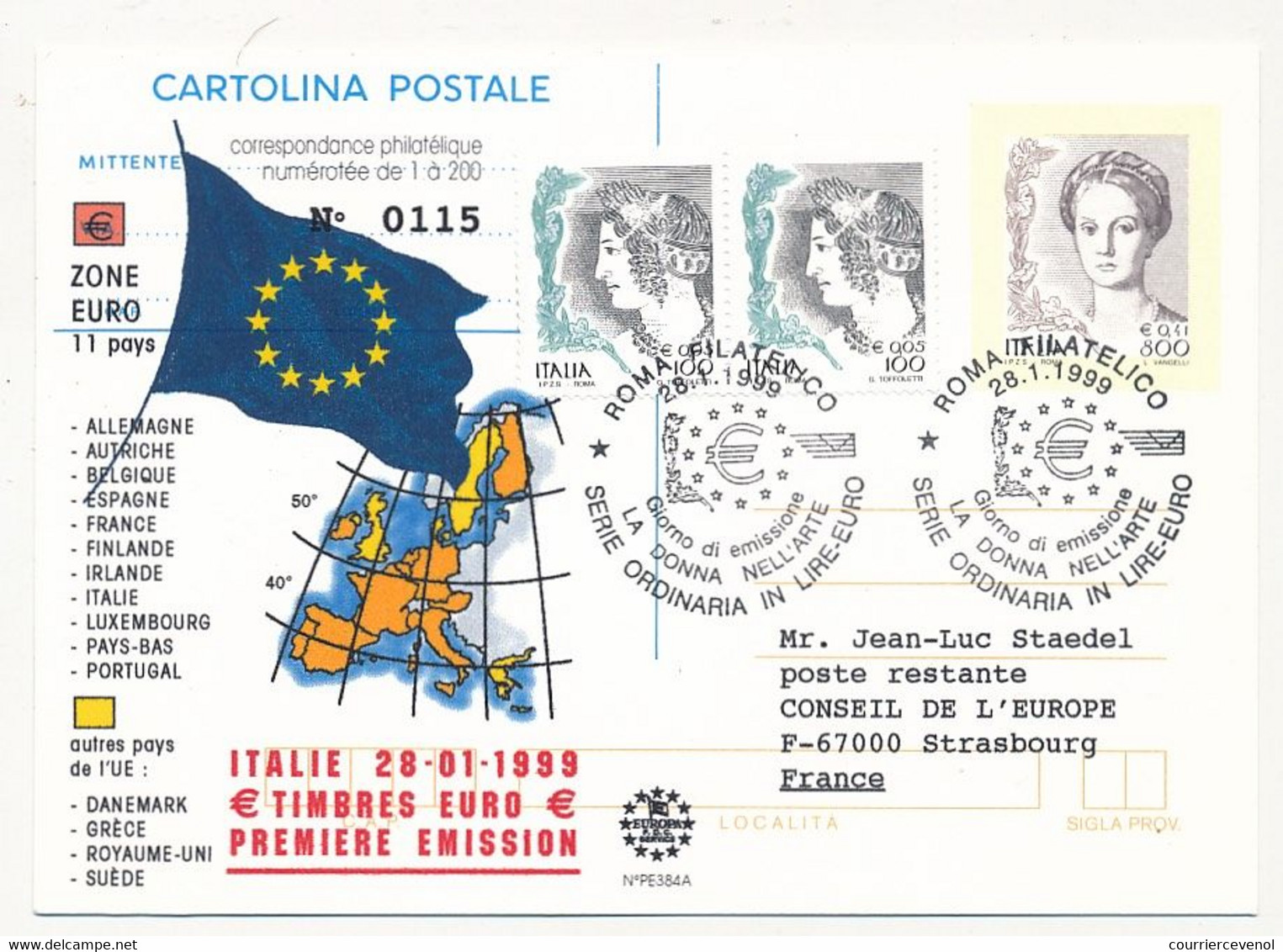 Italie - 1 Entier Postal + 1 Enveloppe "Série Ordinaire En Euros" 28/1/1999 - 1er Jour D'émission - 1991-00: Marcophilia