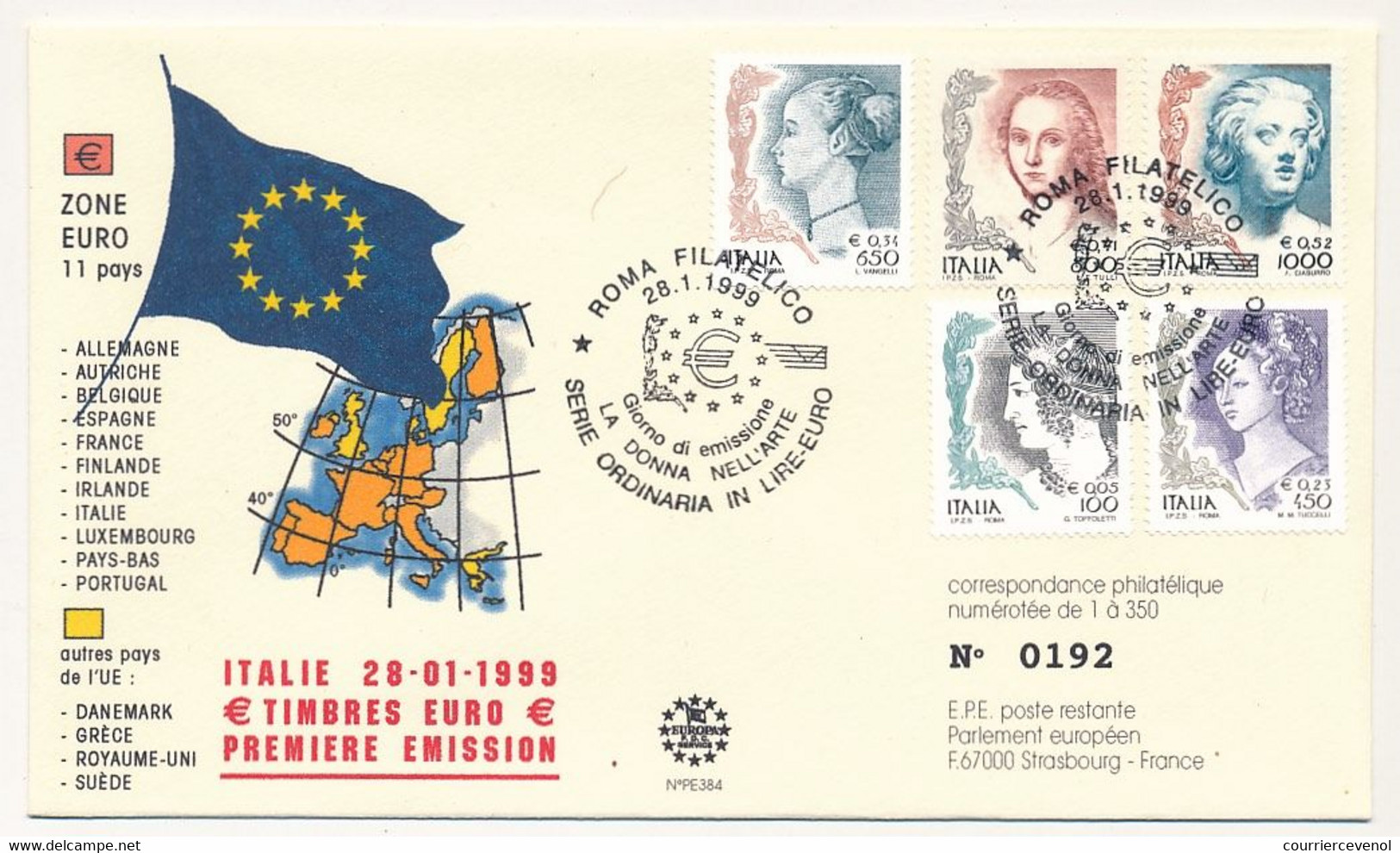 Italie - 1 Entier Postal + 1 Enveloppe "Série Ordinaire En Euros" 28/1/1999 - 1er Jour D'émission - 1991-00: Poststempel
