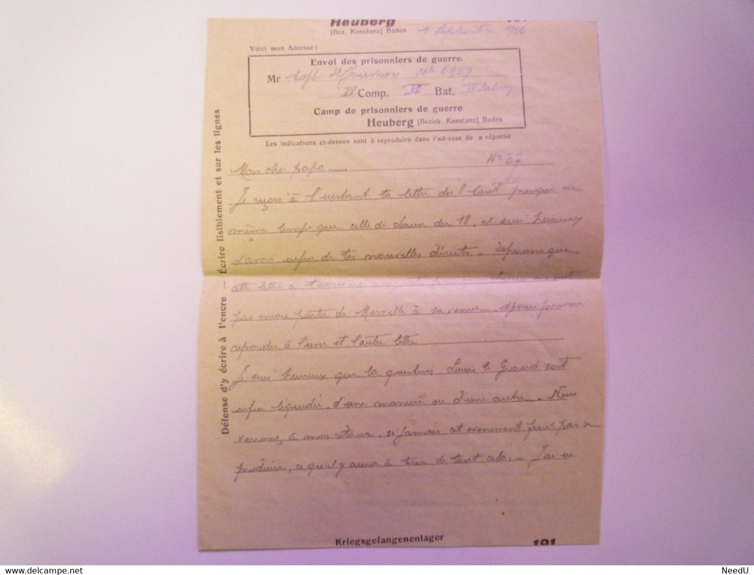 GP 2021 - 95  Kriegsgefangenenlager  HEUBERG  -  Enveloppe + Lettre D'un Prisonnier De GUERRE 1-09-1916  XXX - 1914-18