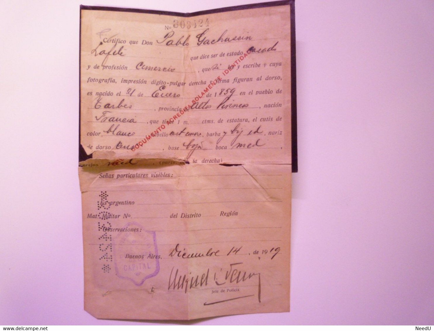 GP 2021 - 101  Carte D'identité ARGENTINE D'un émigré Français Né à TARBES En 1859  XXX - Zonder Classificatie